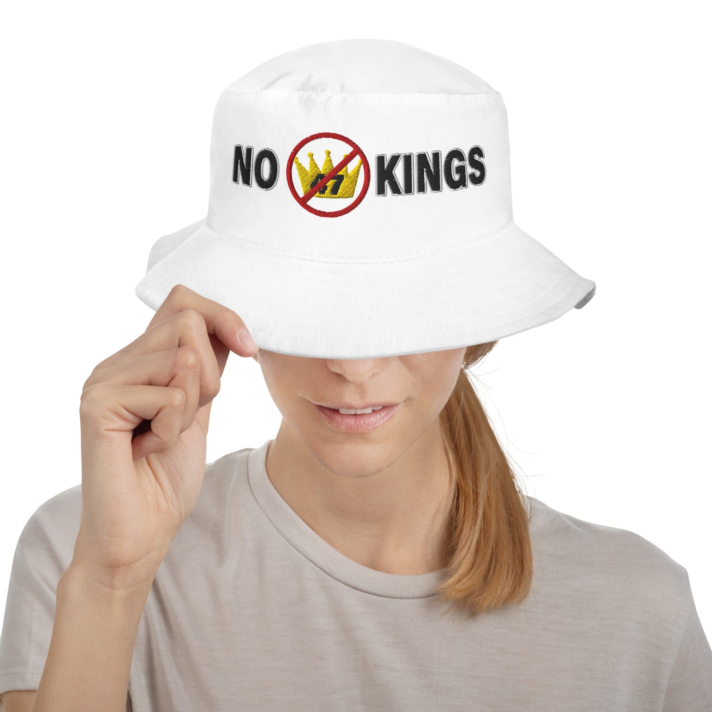 bucket hat with “No Kings” graphic, front view