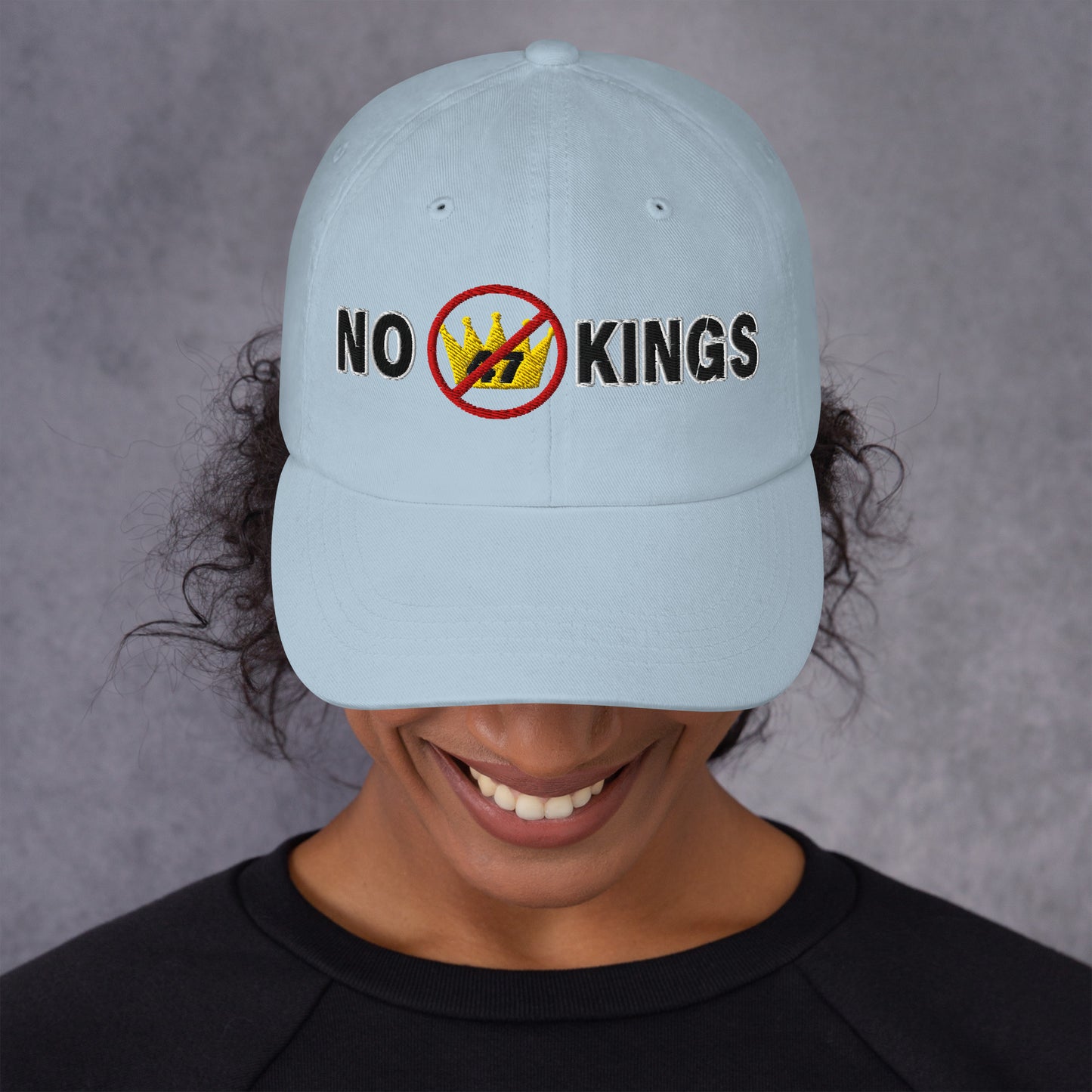 dad hat with “No Kings” graphic, front view