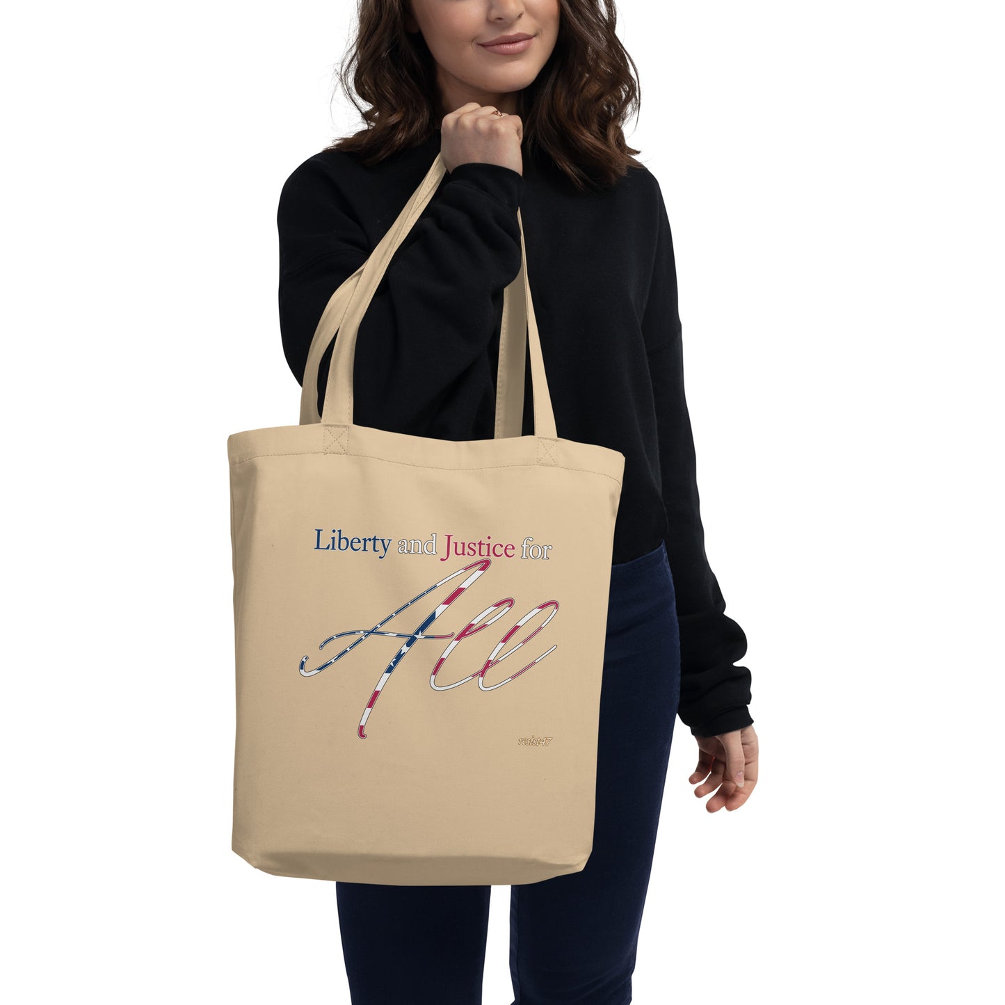 Oyster tote with “Liberty & Justice Eco” graphic, front view