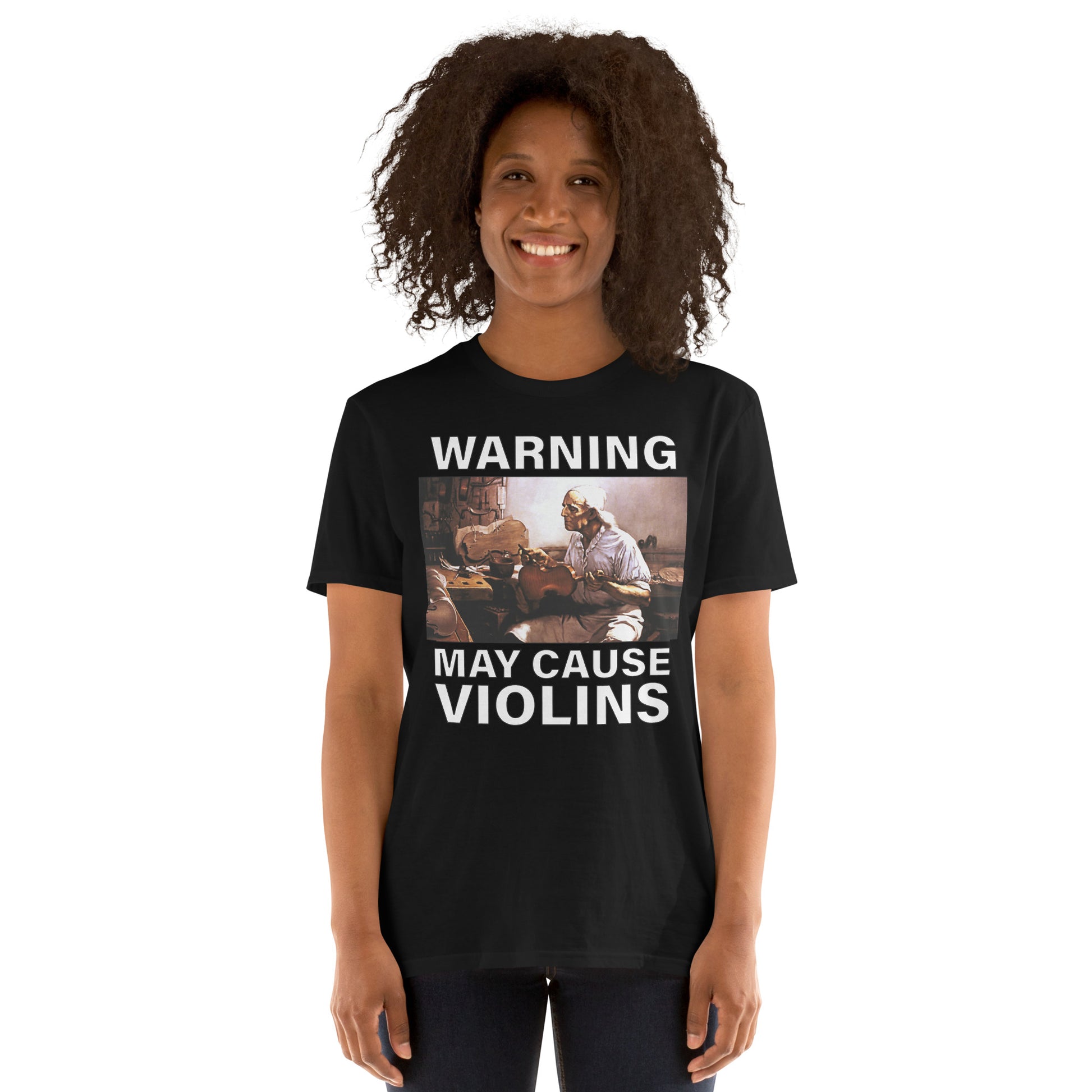Black t-shirt with “Stradivarius Warning May Cause Violins” graphic, front view
