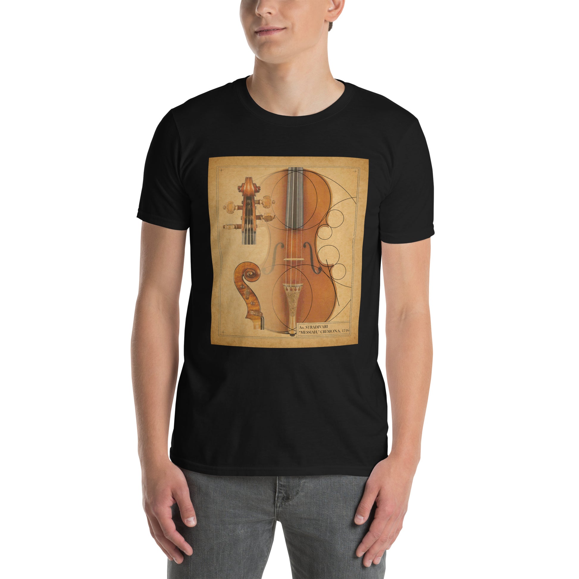 Black T-shirt with Stradivarius Violin Technical drawing graphic, front view