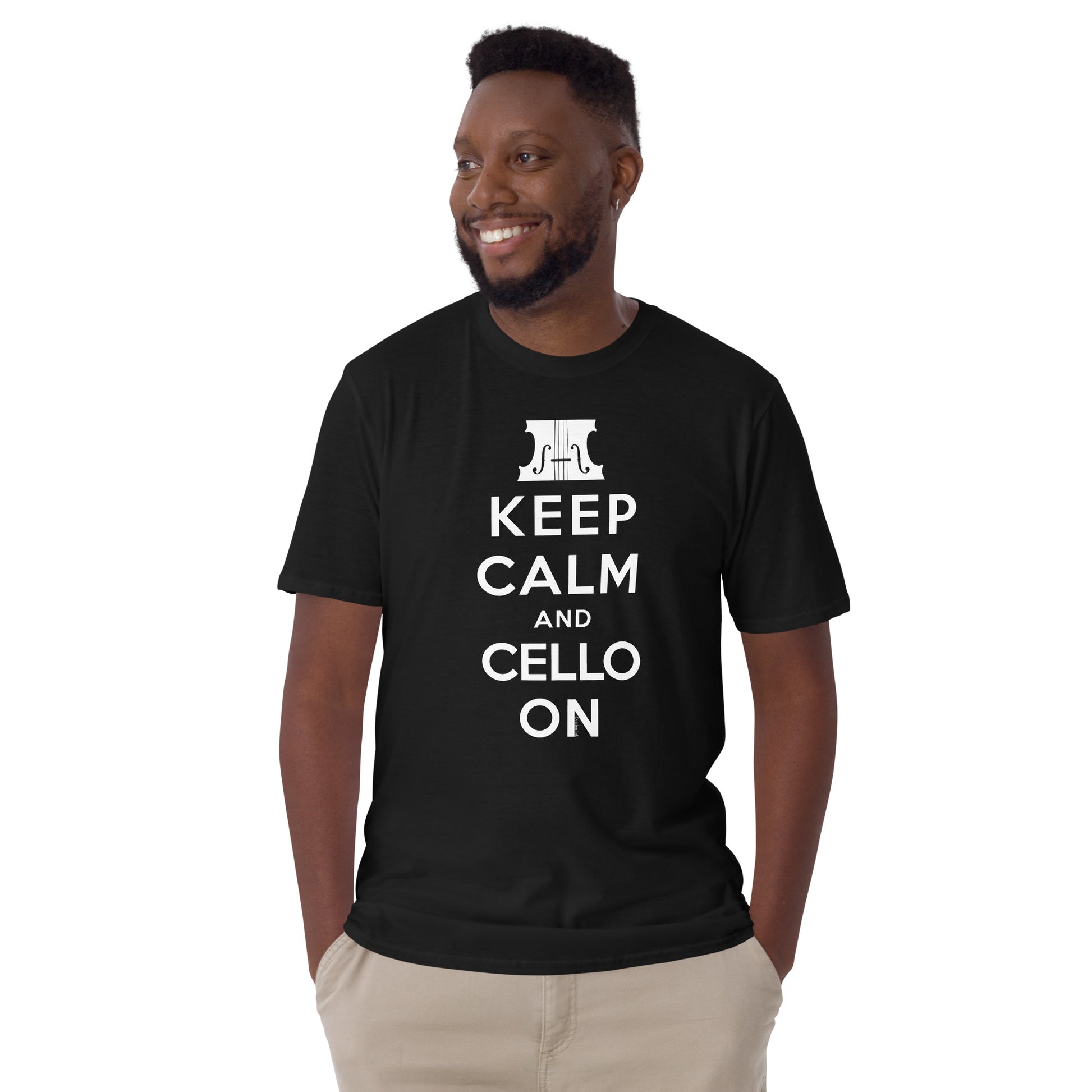 Black unisex T-shirt with “Keep Calm and Cello On” graphic, front view