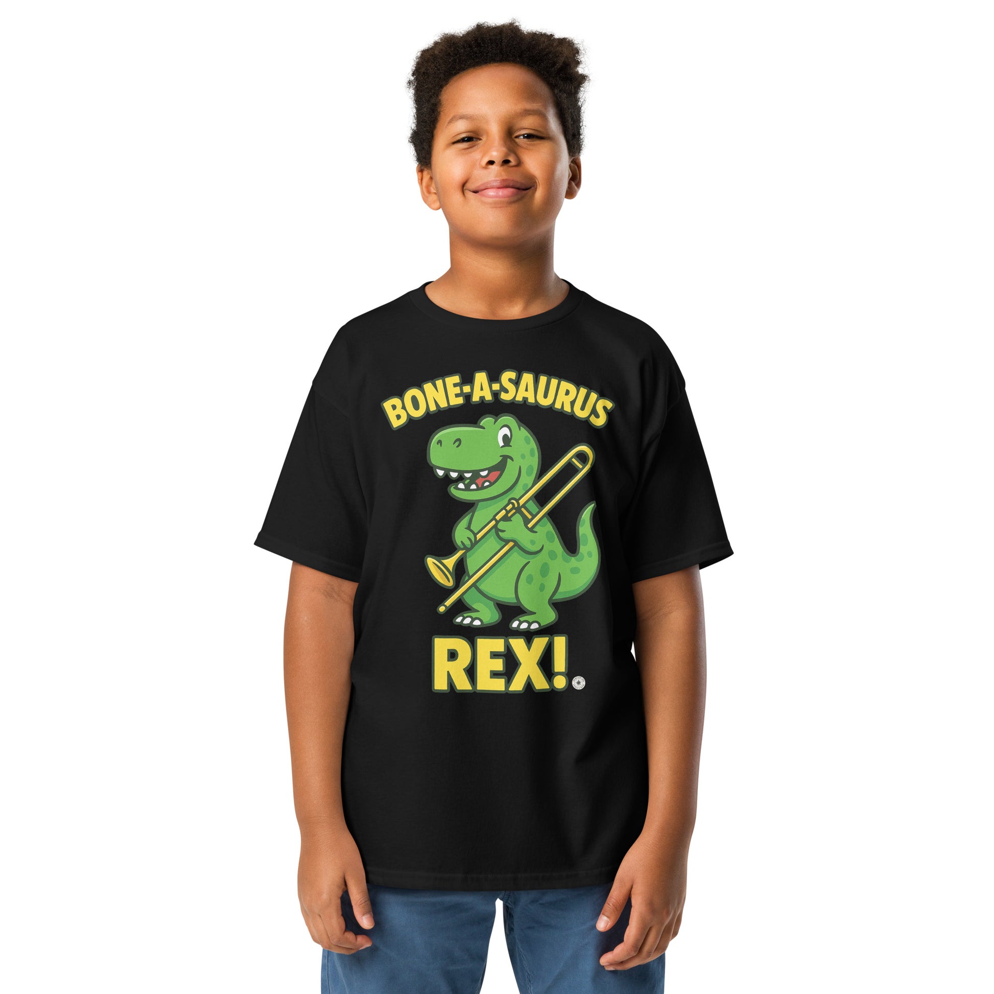 Unisex T-shirt with Trombone-a-Saurus Rex dinosaur trombone graphic, front view