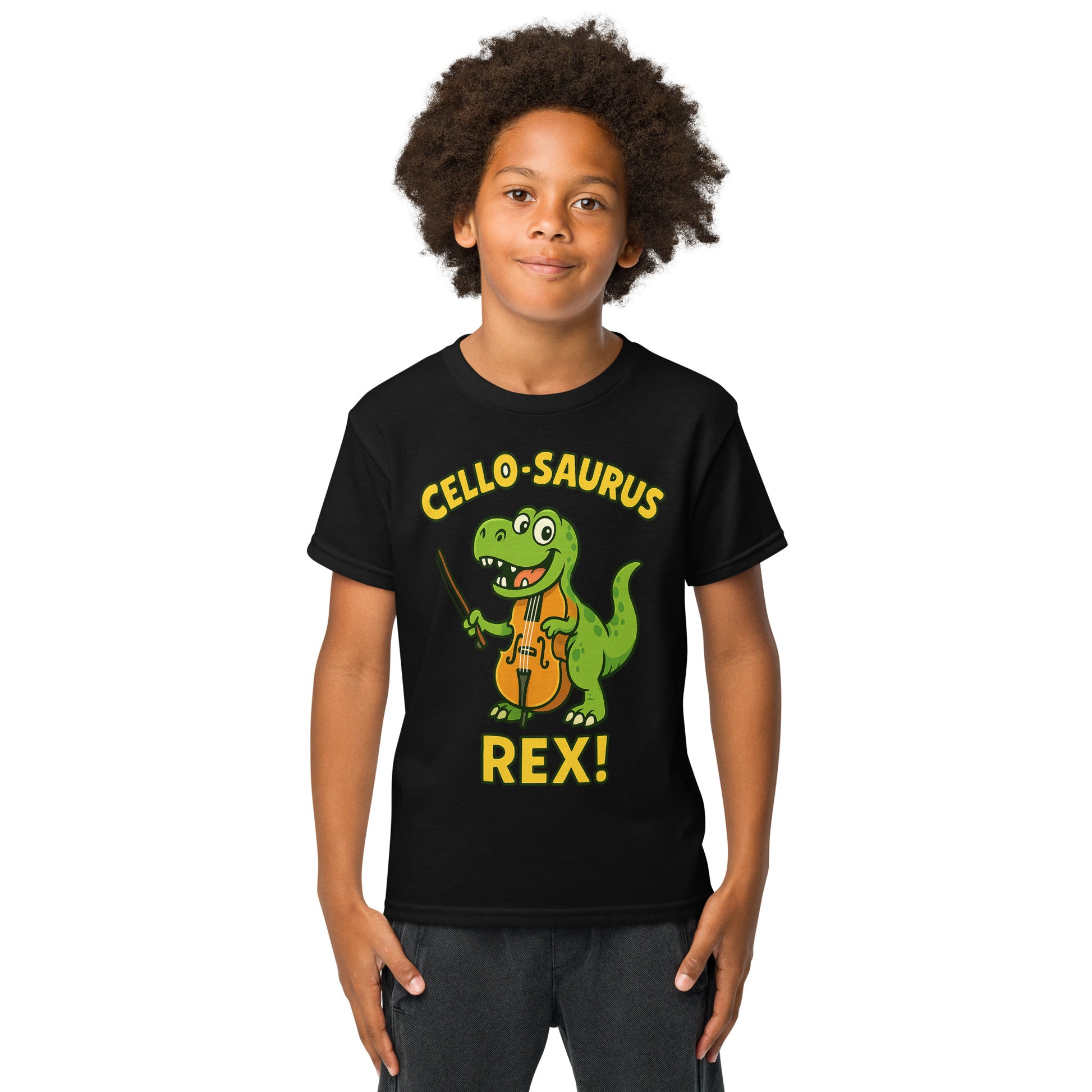 Unisex T-shirt with Cello-Saurus Rex dinosaur cello graphic, front view