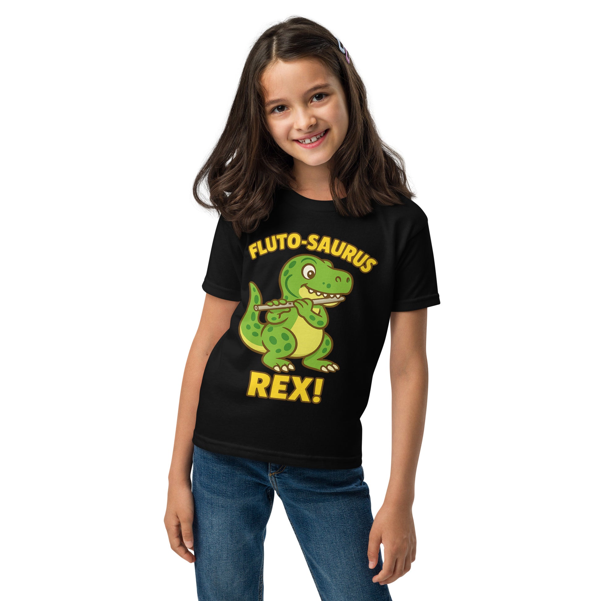 Youth T-shirt with Fluto-Saurus Rex dinosaur flute graphic, front view