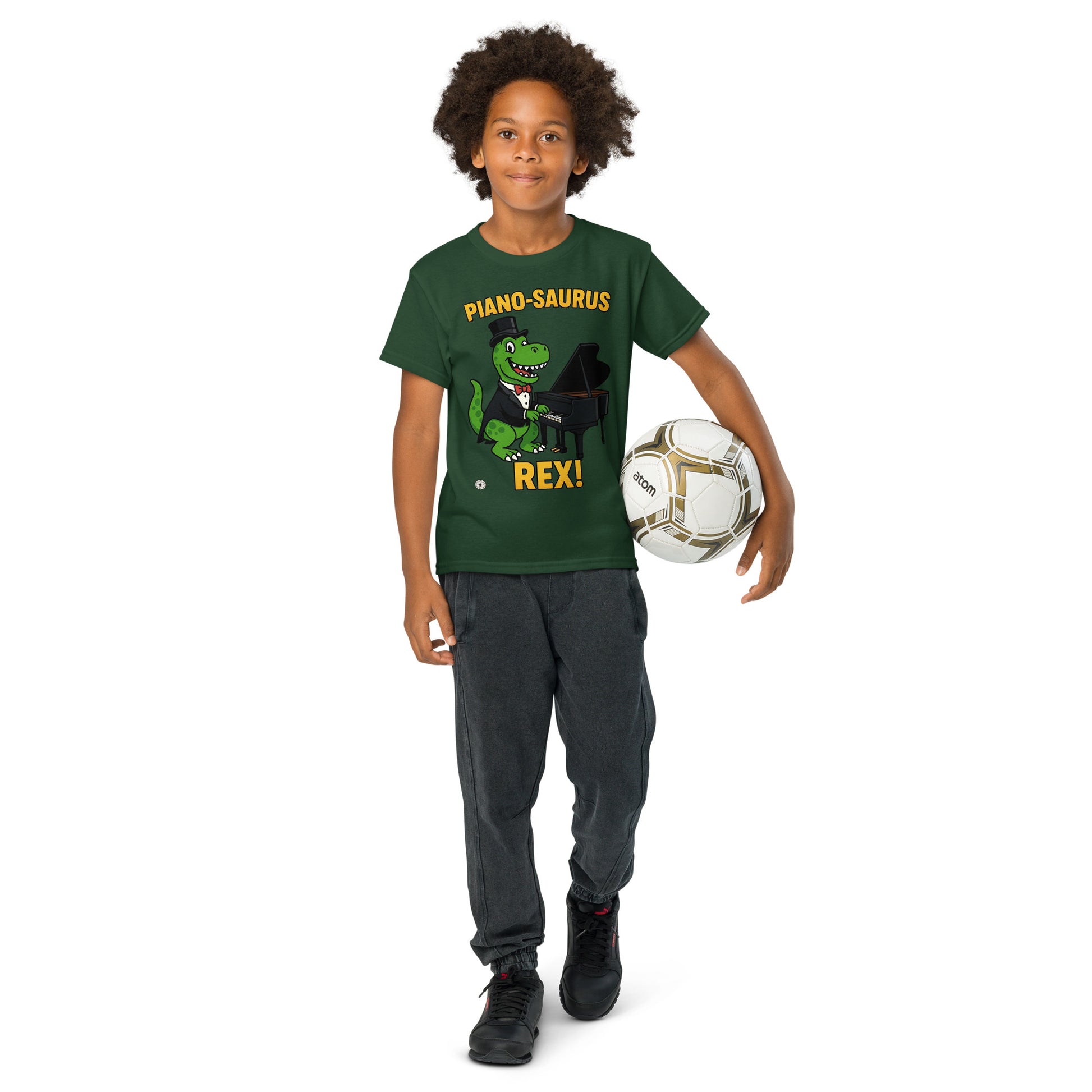 unisex T-shirt with Piano-Saurus Rex dinosaur piano graphic, front view