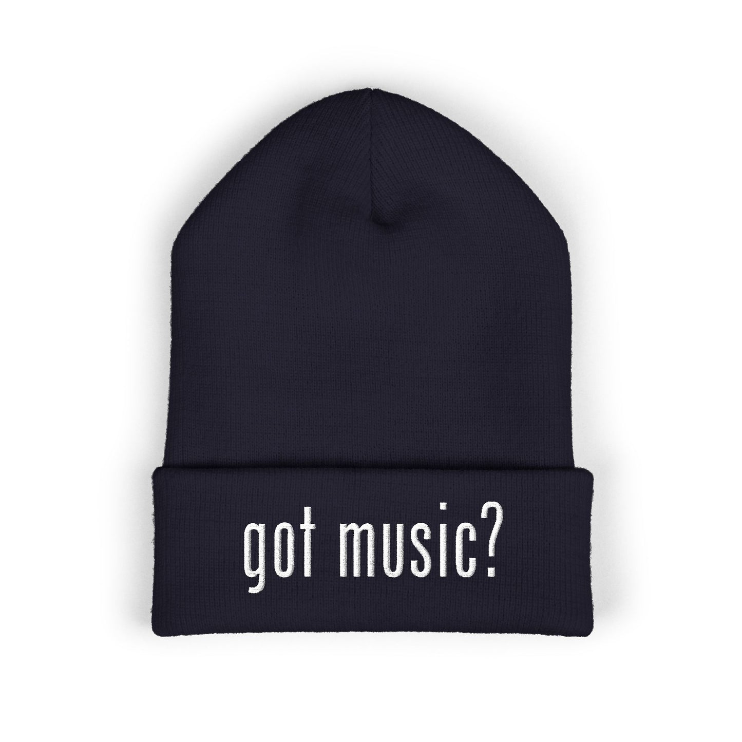 Black beanie with 'got music?' text on a white background