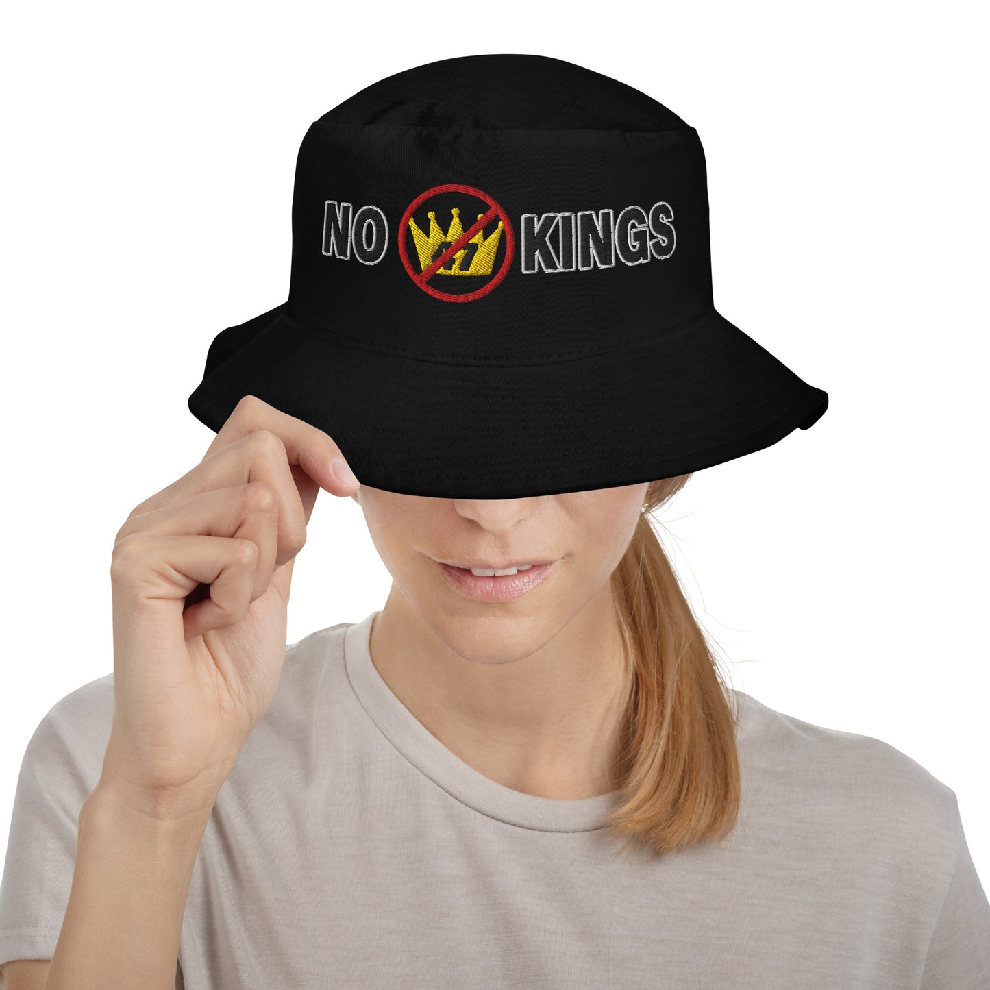 Black bucket hat with “No Kings” graphic, front view