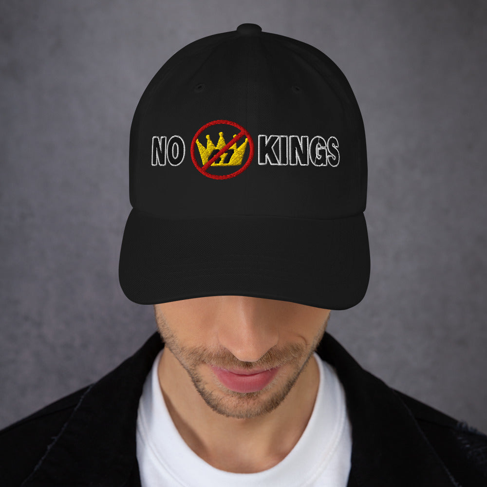 Black dad hat with “No Kings” graphic, front view