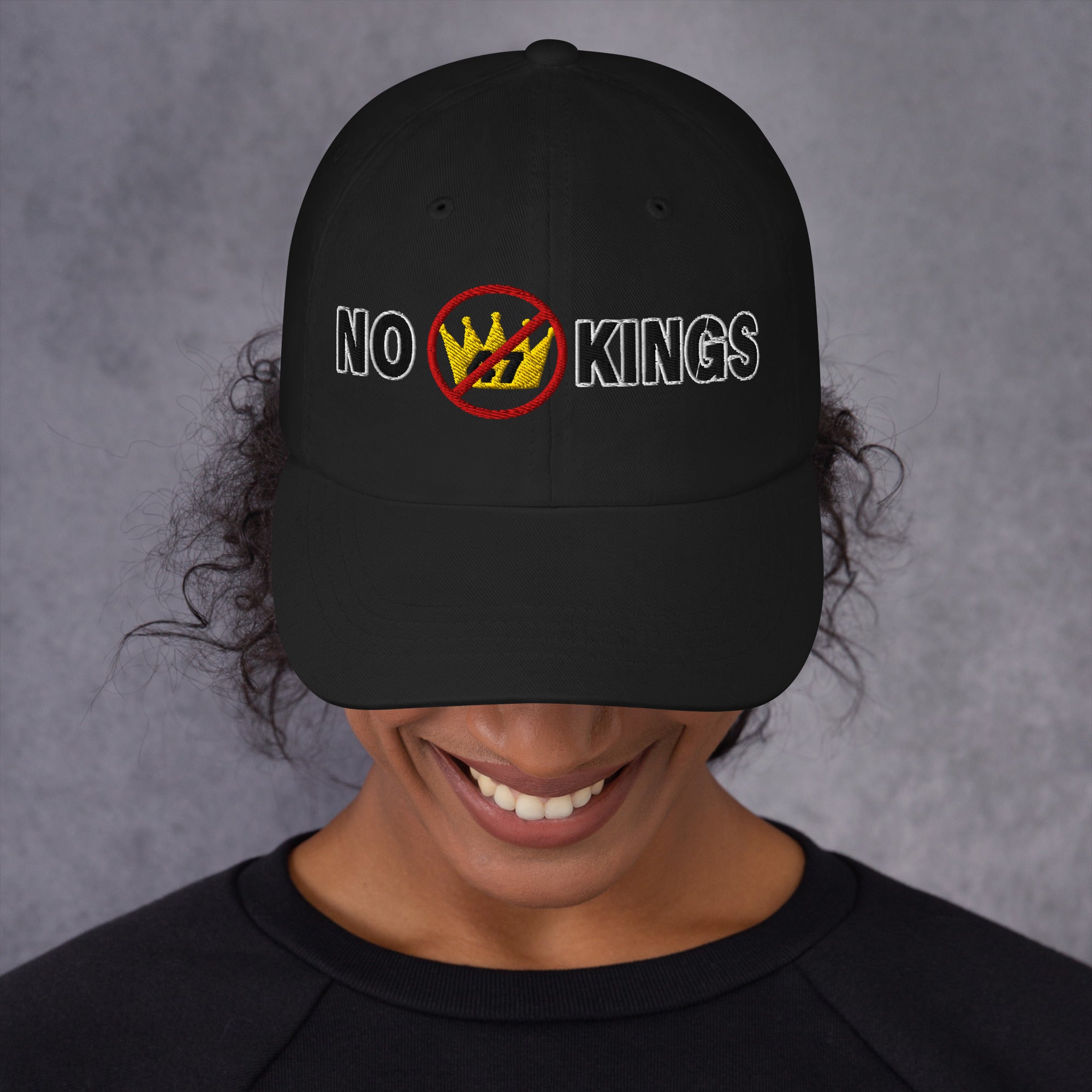 dad hat with “No Kings” graphic, front view