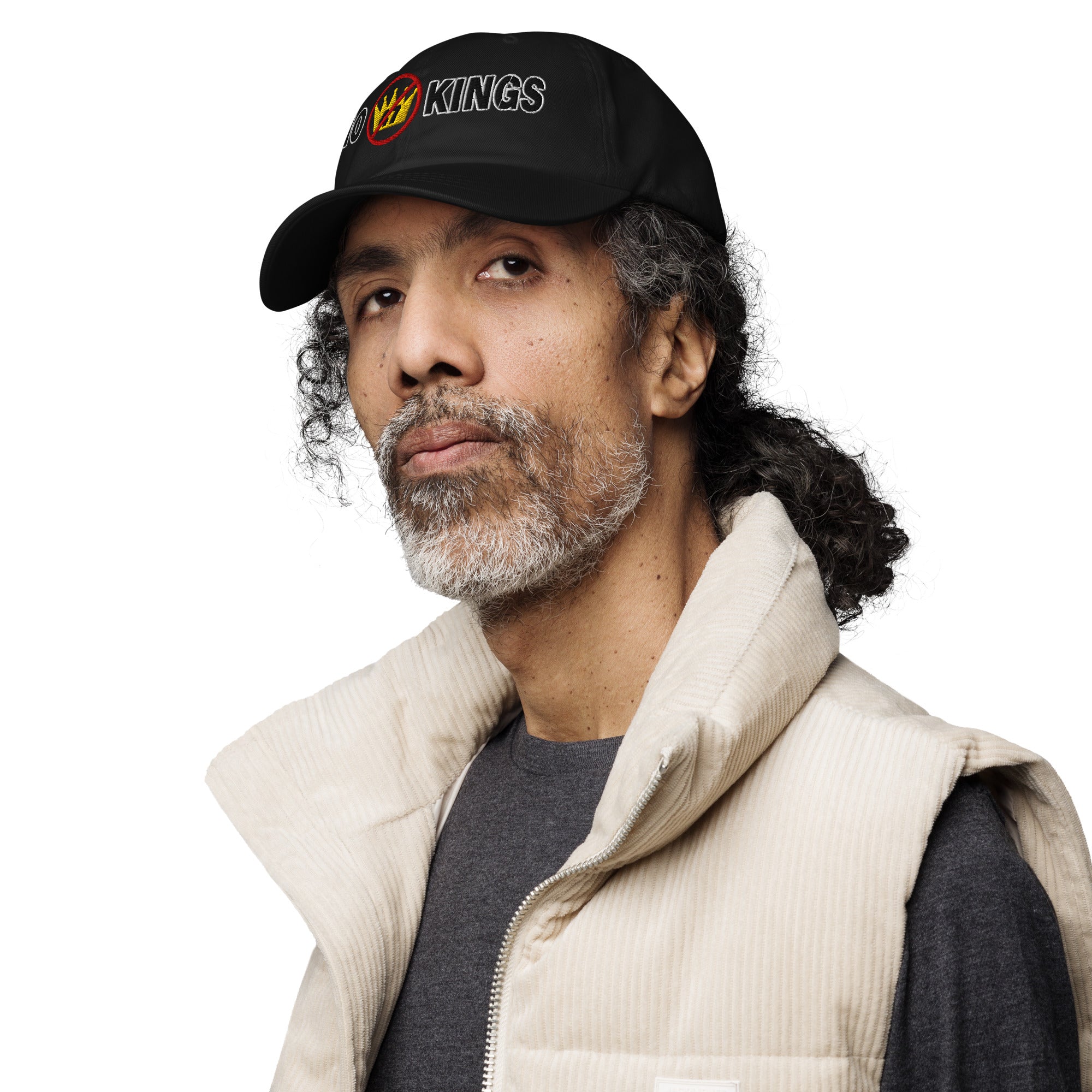 Navy dad hat with “No Kings” graphic, front view