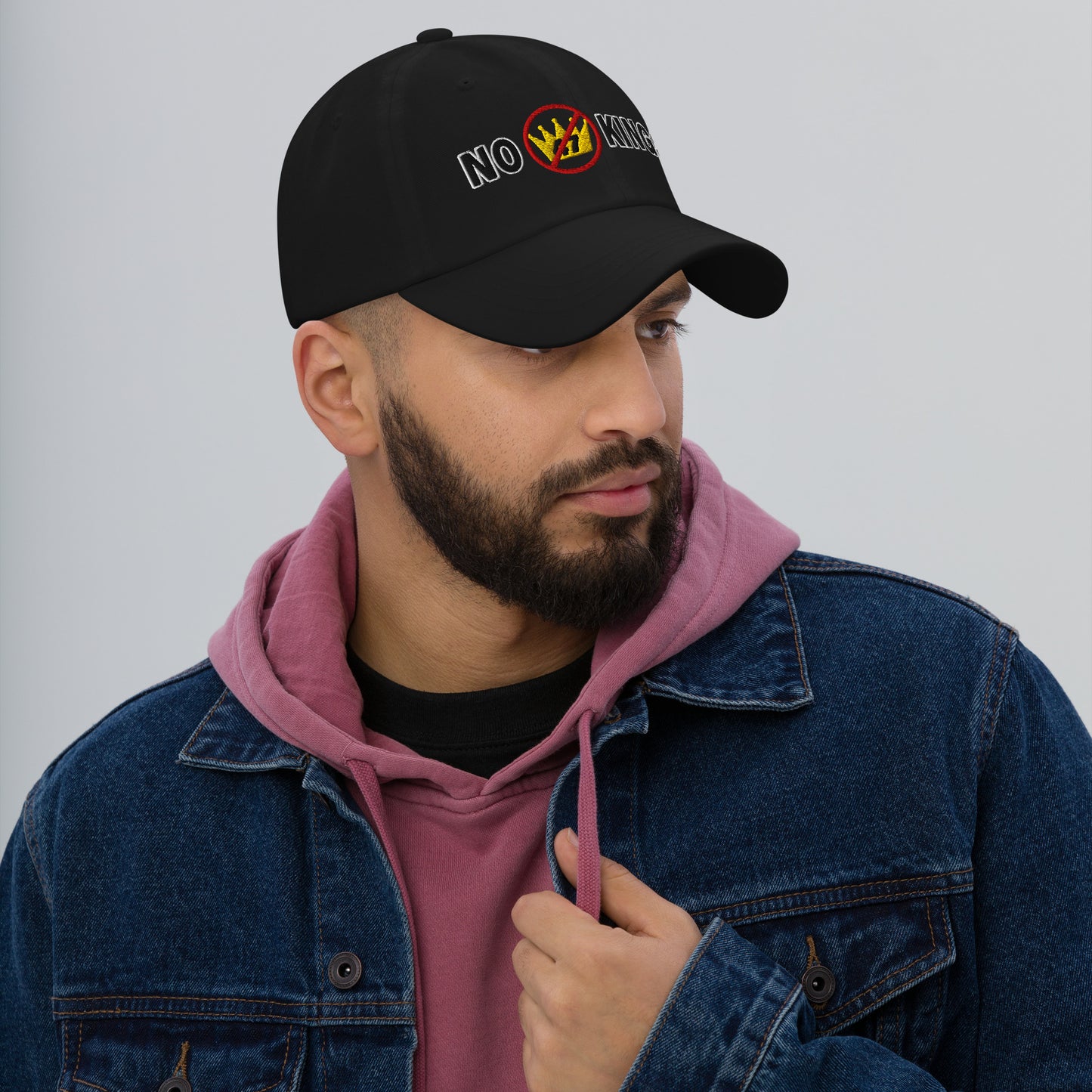 Cranberry dad hat with “No Kings” graphic, front view