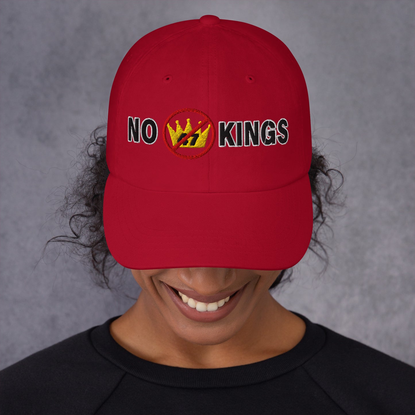 dad hat with “No Kings” graphic, front view