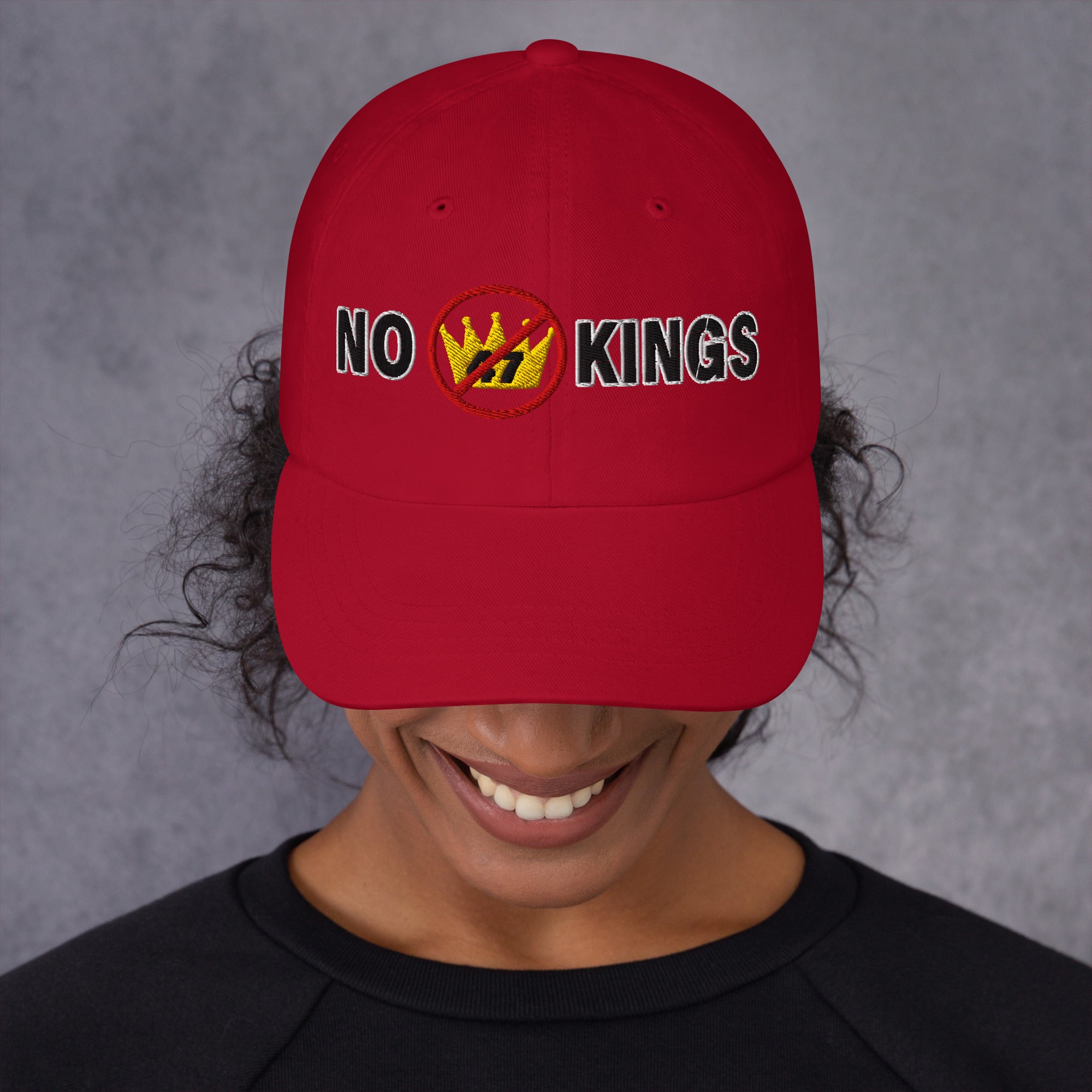 dad hat with “No Kings” graphic, front view