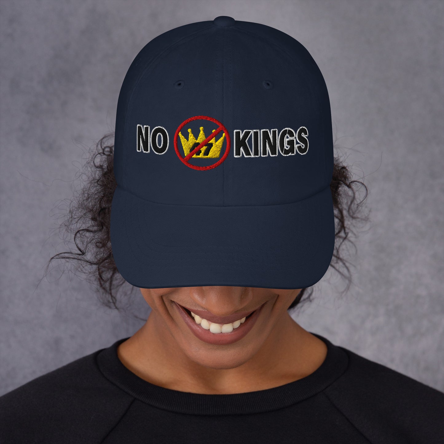 dad hat with “No Kings” graphic, front view