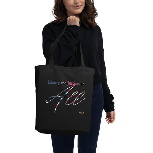 Black tote with “Liberty & Justice Eco” graphic, front view