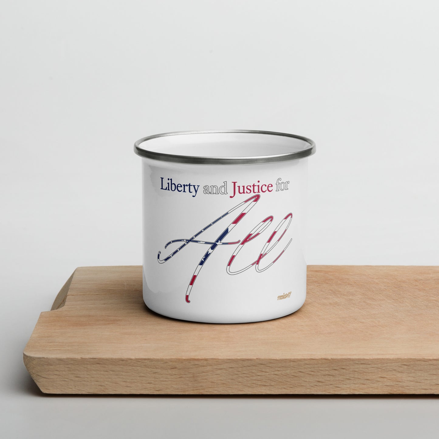 Default Title mug with “Liberty & Justice Enamel” graphic, front view