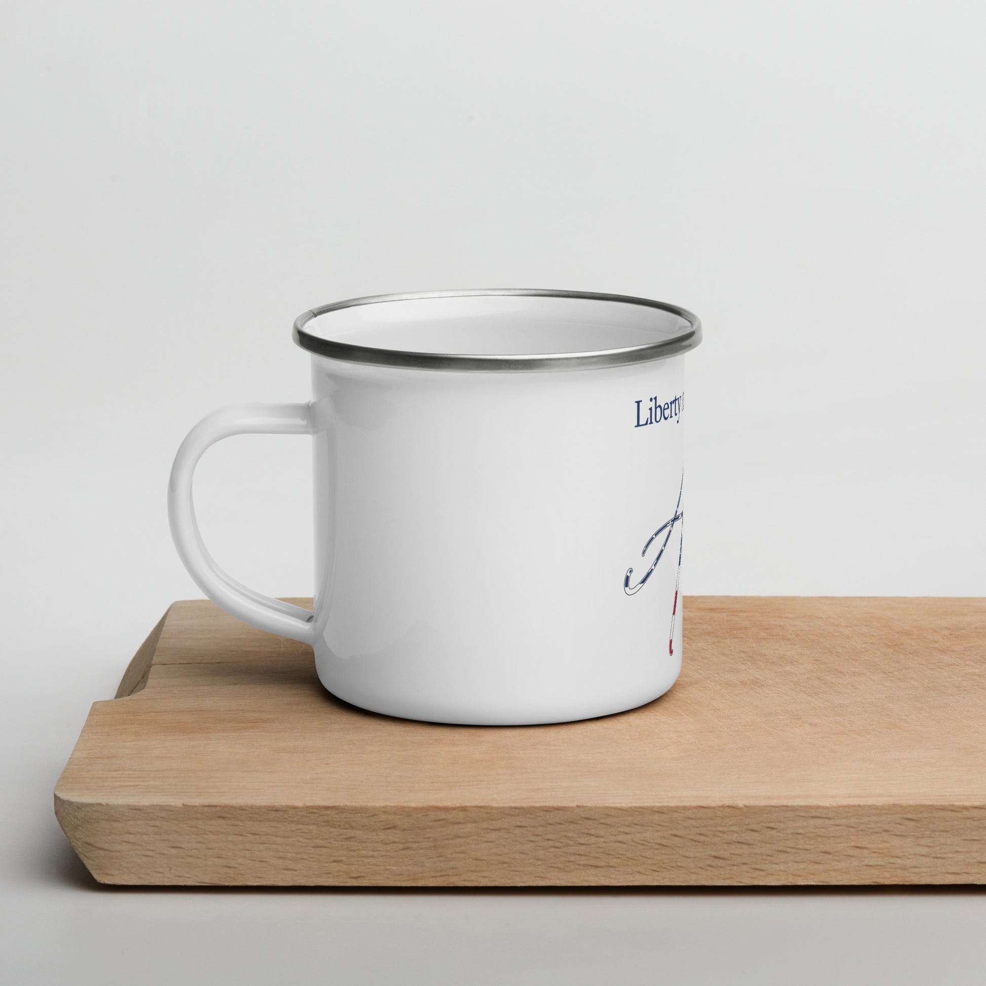 mug with “Liberty & Justice Enamel” graphic, front view