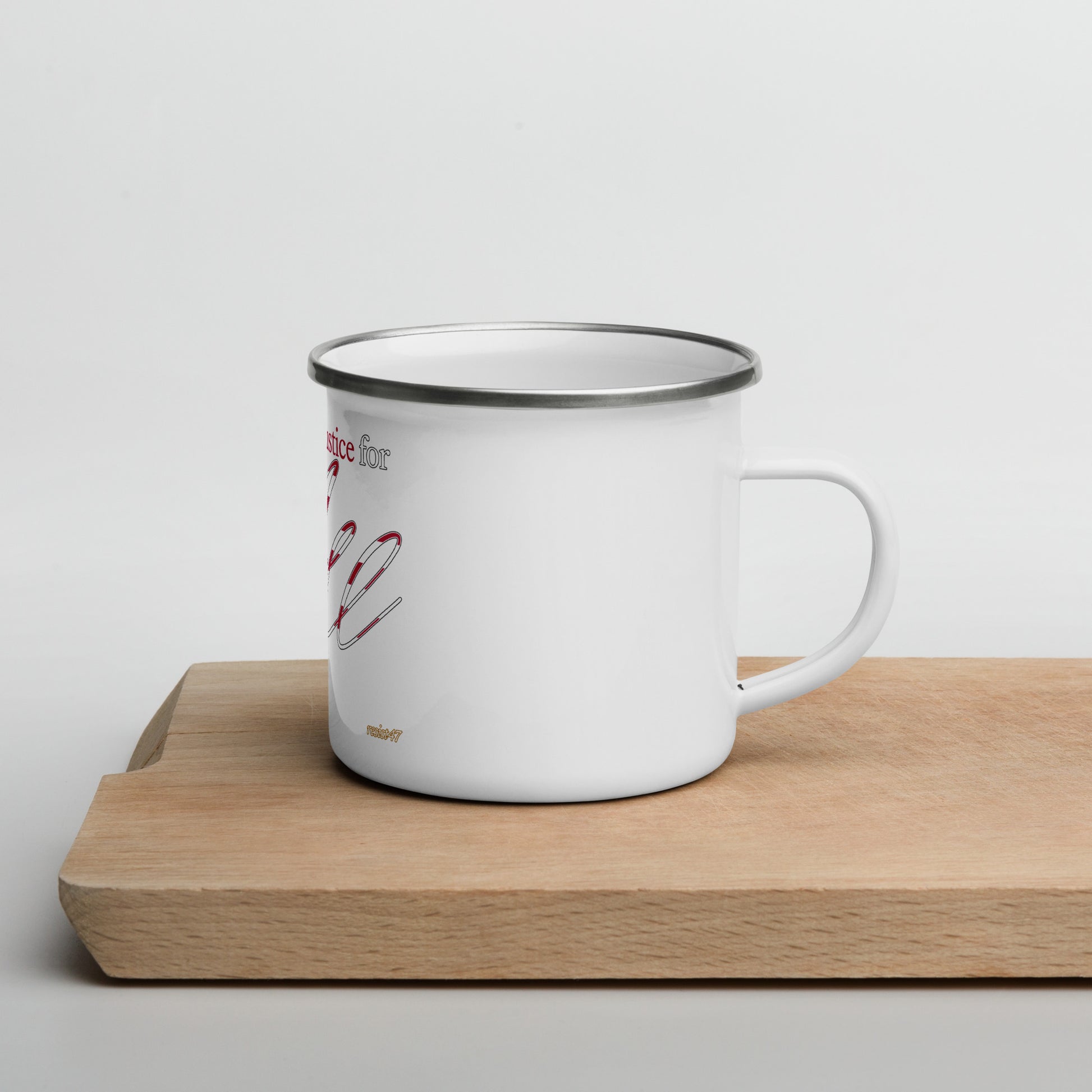 mug with “Liberty & Justice Enamel” graphic, front view