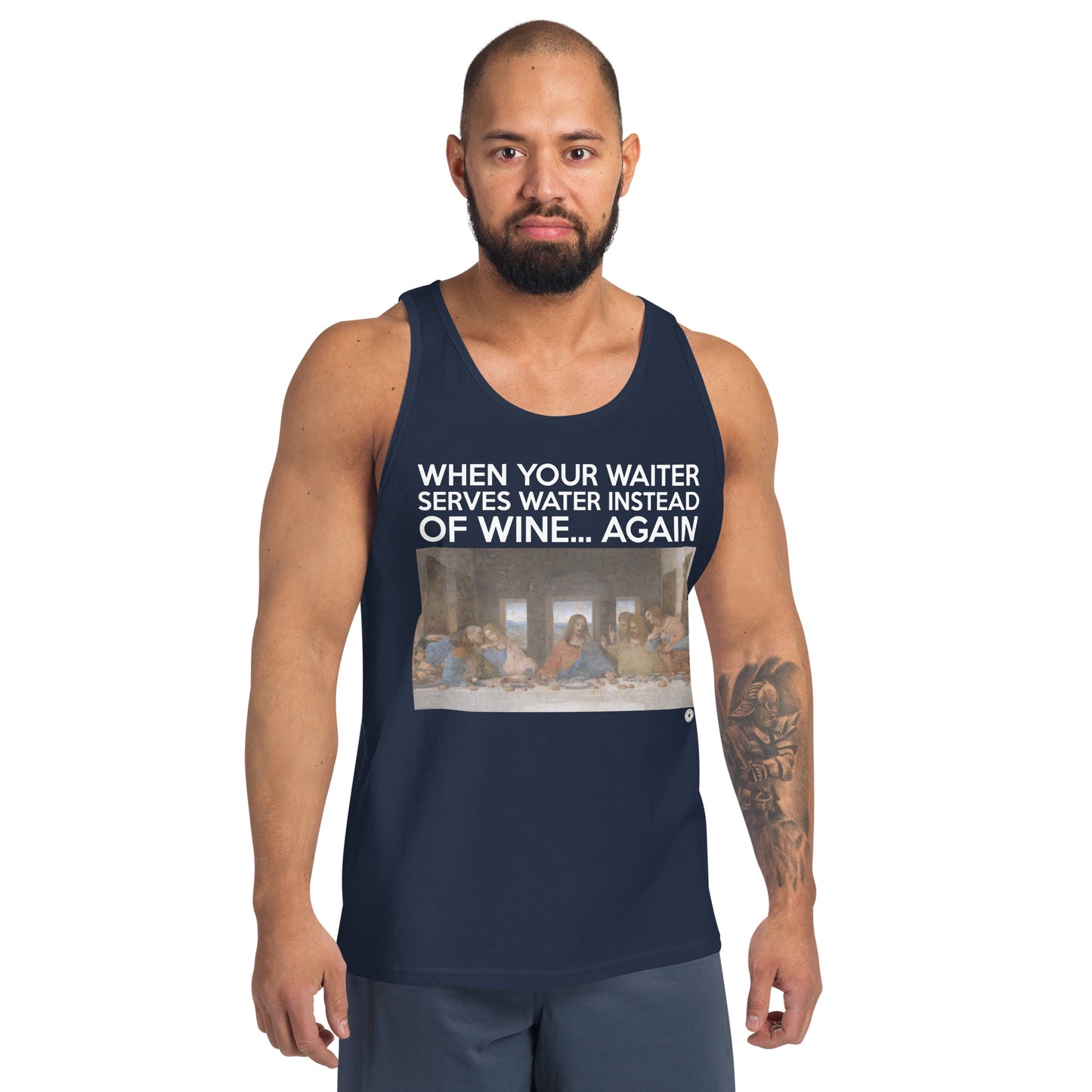 Last Supper graphic tank top with caption “When your waiter serves water instead of wine—again.”
