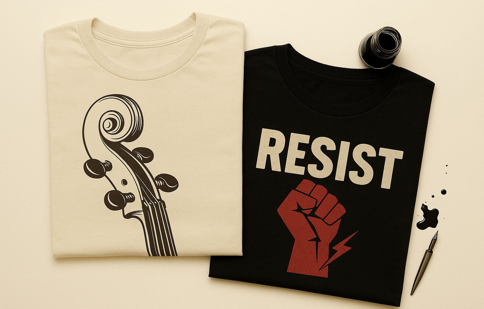 Flat-lay of classical-music and protest T-shirts with spilled ink bottle, Ovation Ink store banner