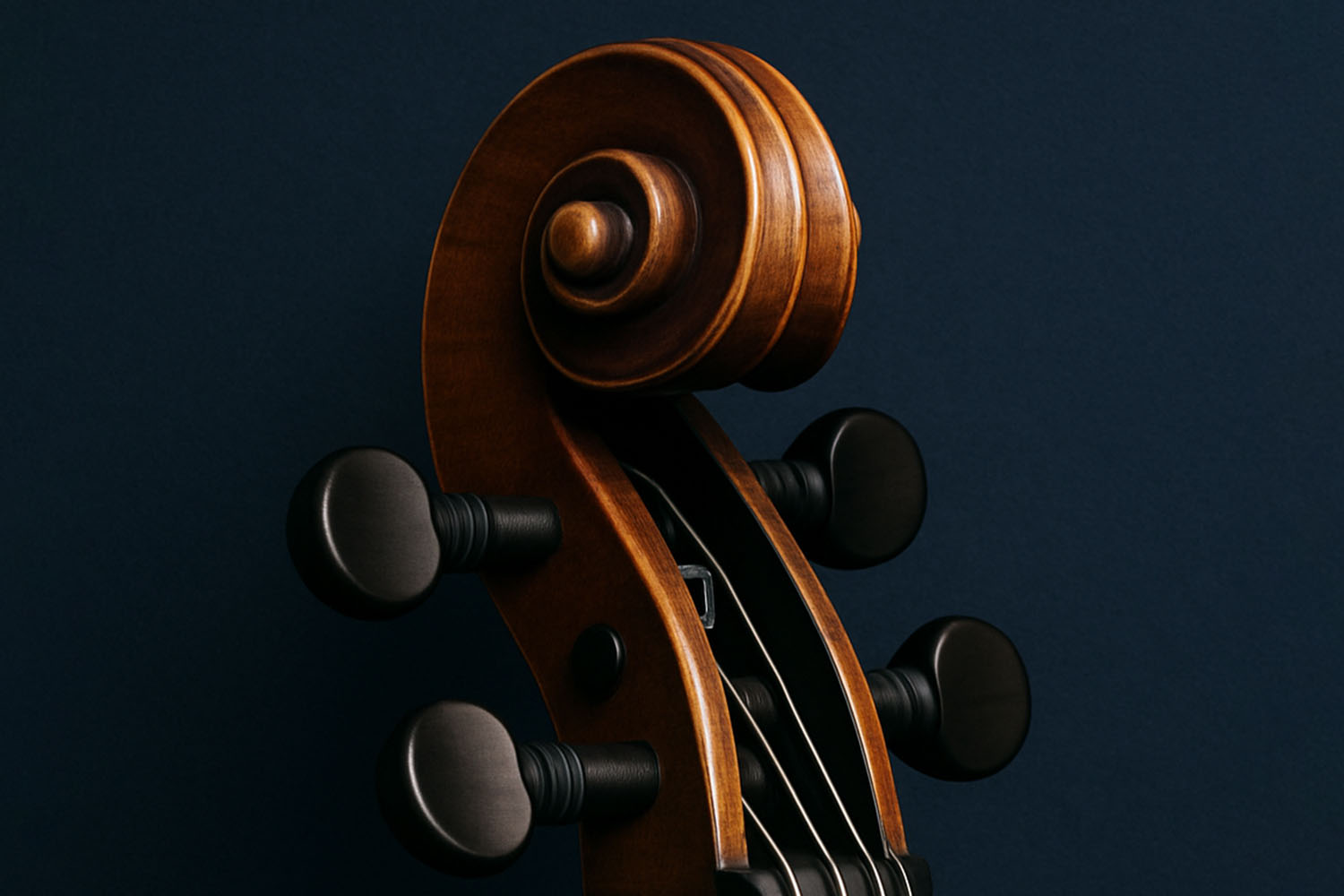 Close-up cello scroll on navy background for Ovation Originals classical apparel.