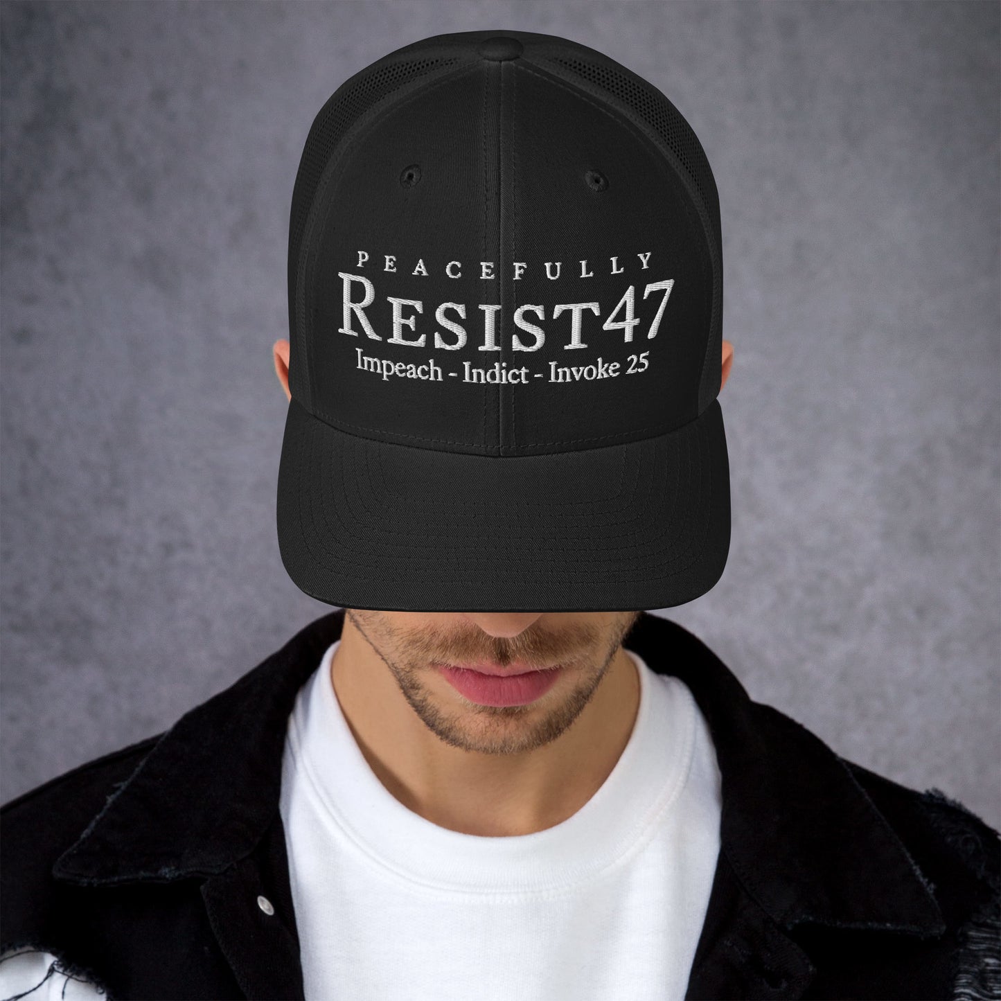 Black cap with “Resist47 Protest” graphic, front view