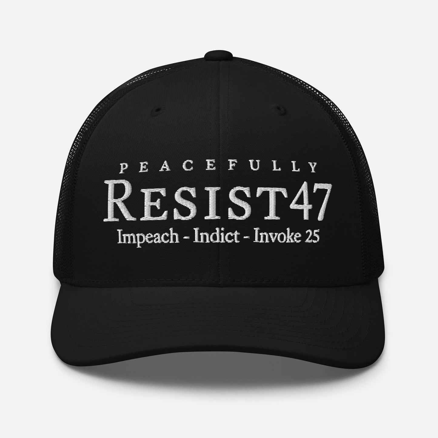 Navy cap with “Resist47 Protest” graphic, front view