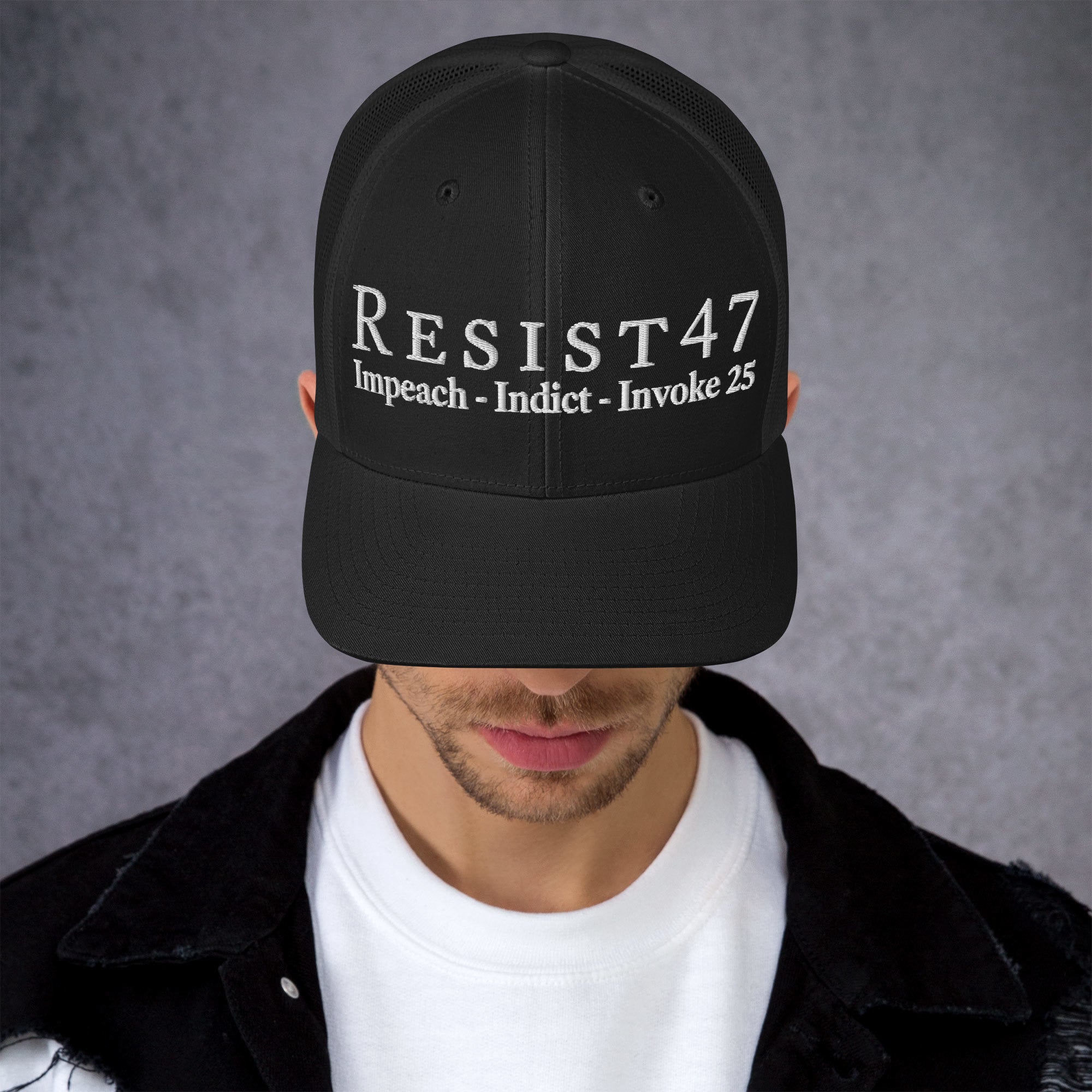 cap with “Resist47 Protest” graphic, front view