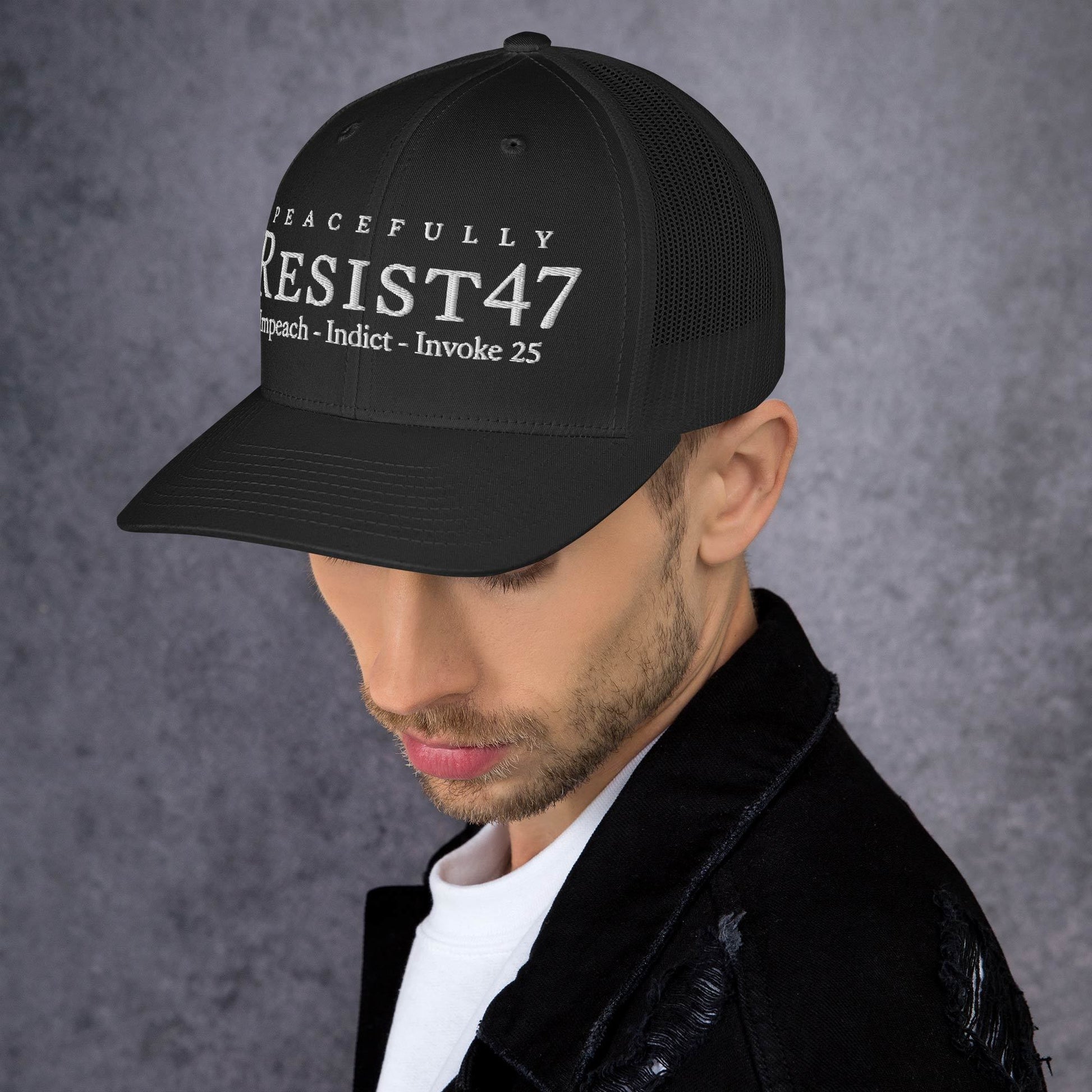 Navy/ White cap with “Resist47 Protest” graphic, front view