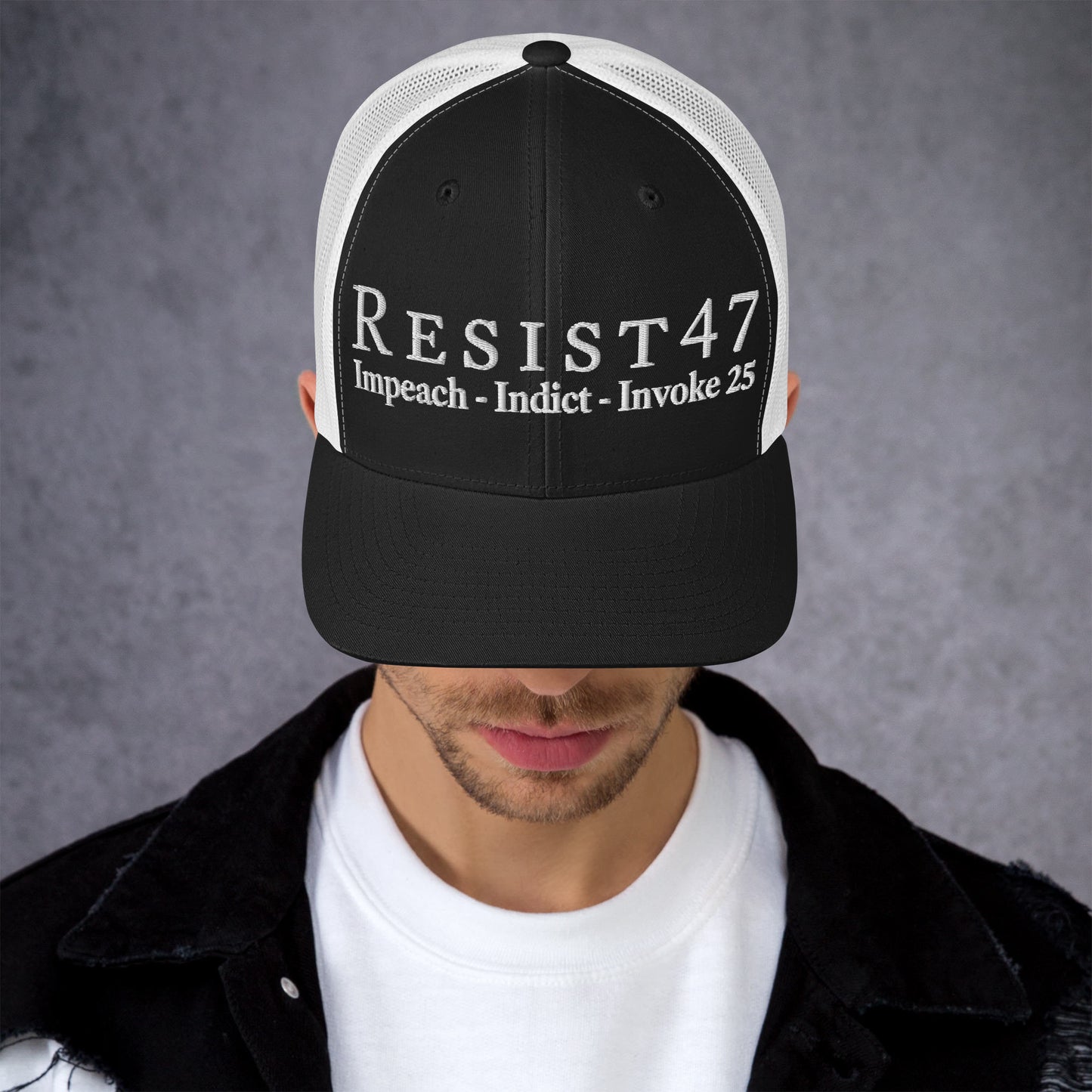cap with “Resist47 Protest” graphic, front view