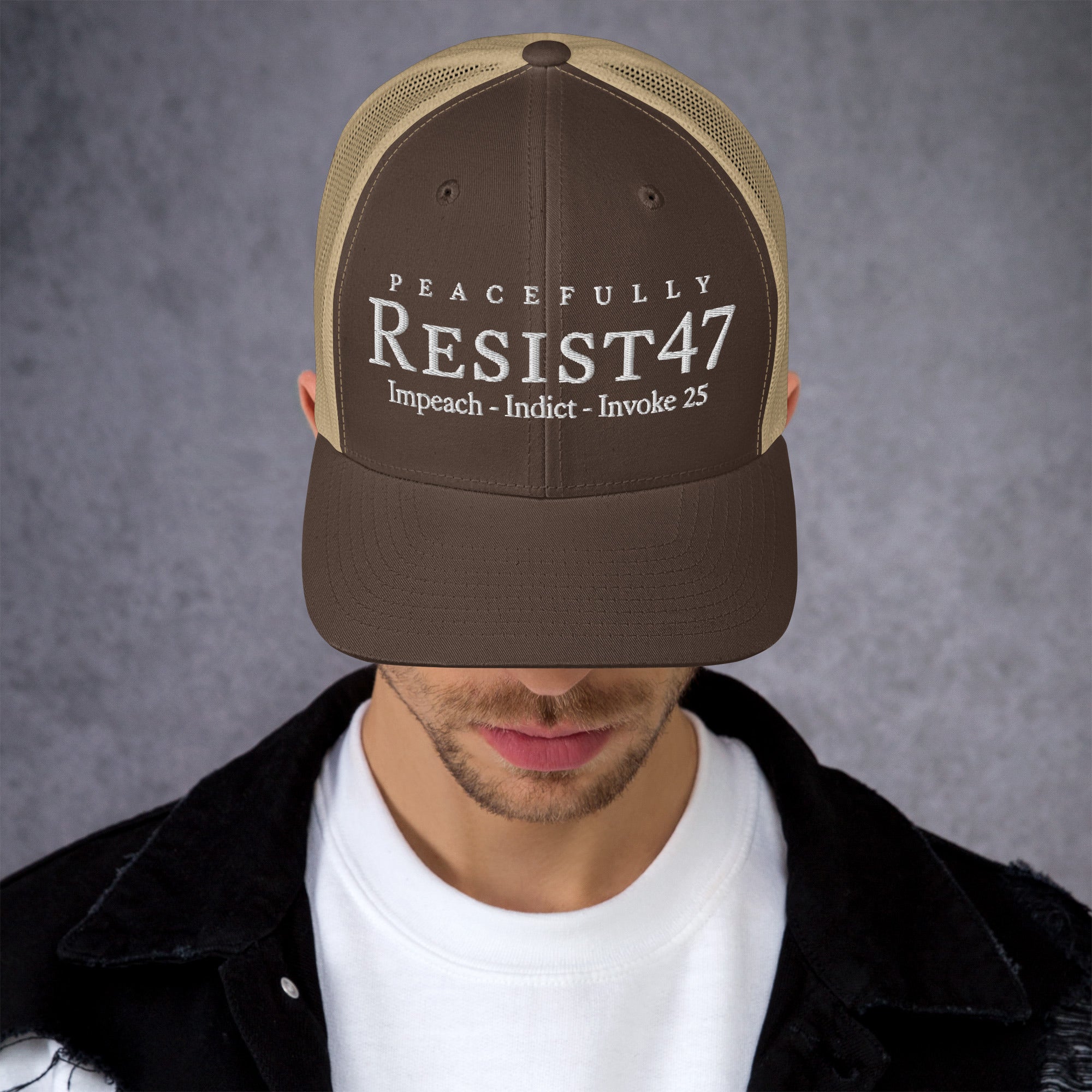 Moss/ Khaki cap with “Resist47 Protest” graphic, front view