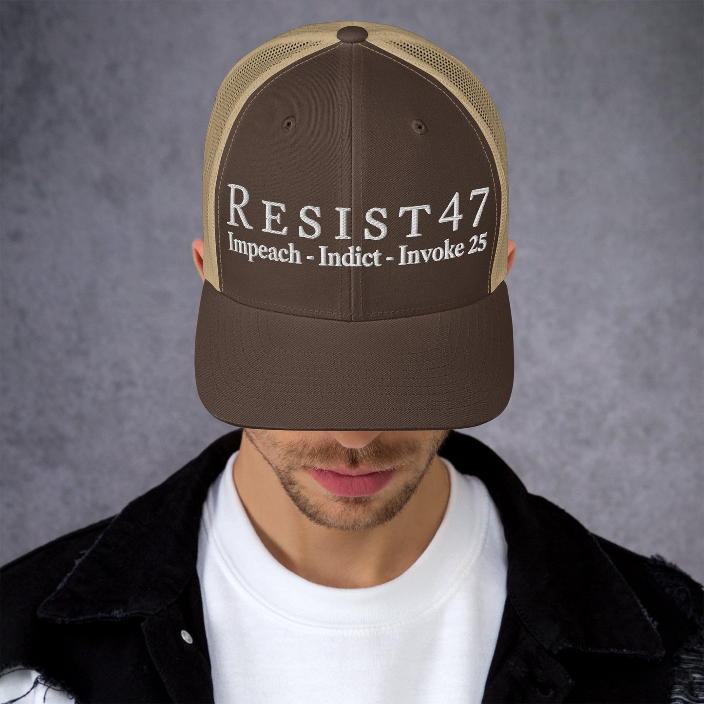 cap with “Resist47 Protest” graphic, front view