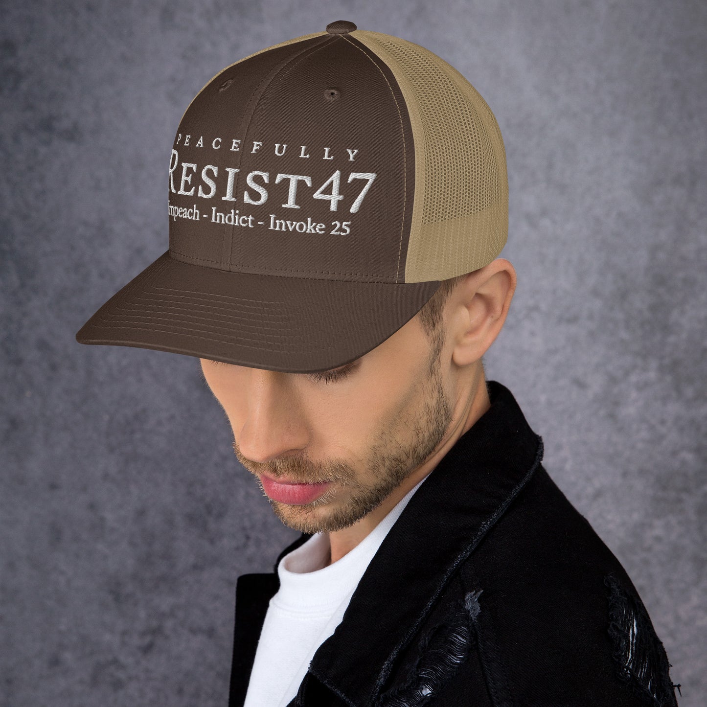 cap with “Resist47 Protest” graphic, front view