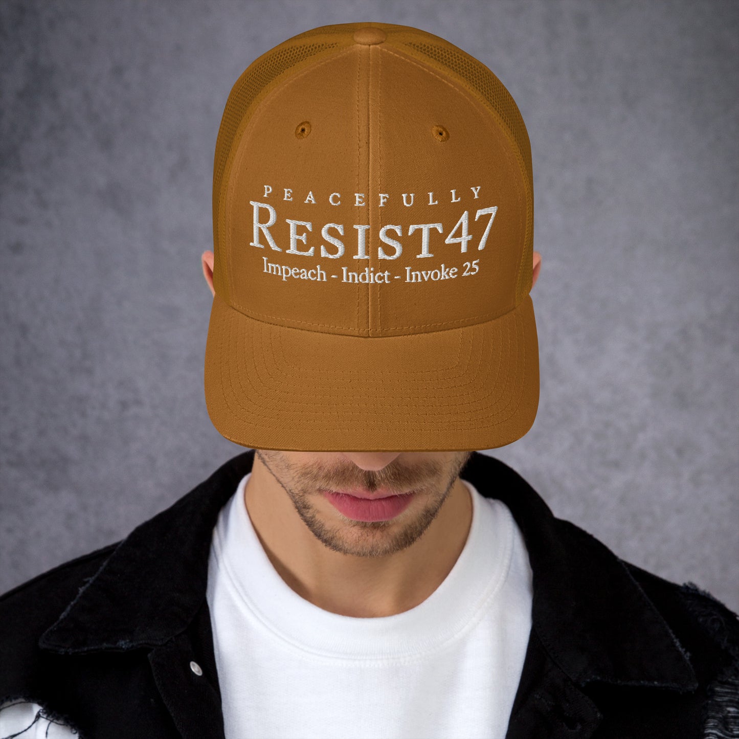 cap with “Resist47 Protest” graphic, front view