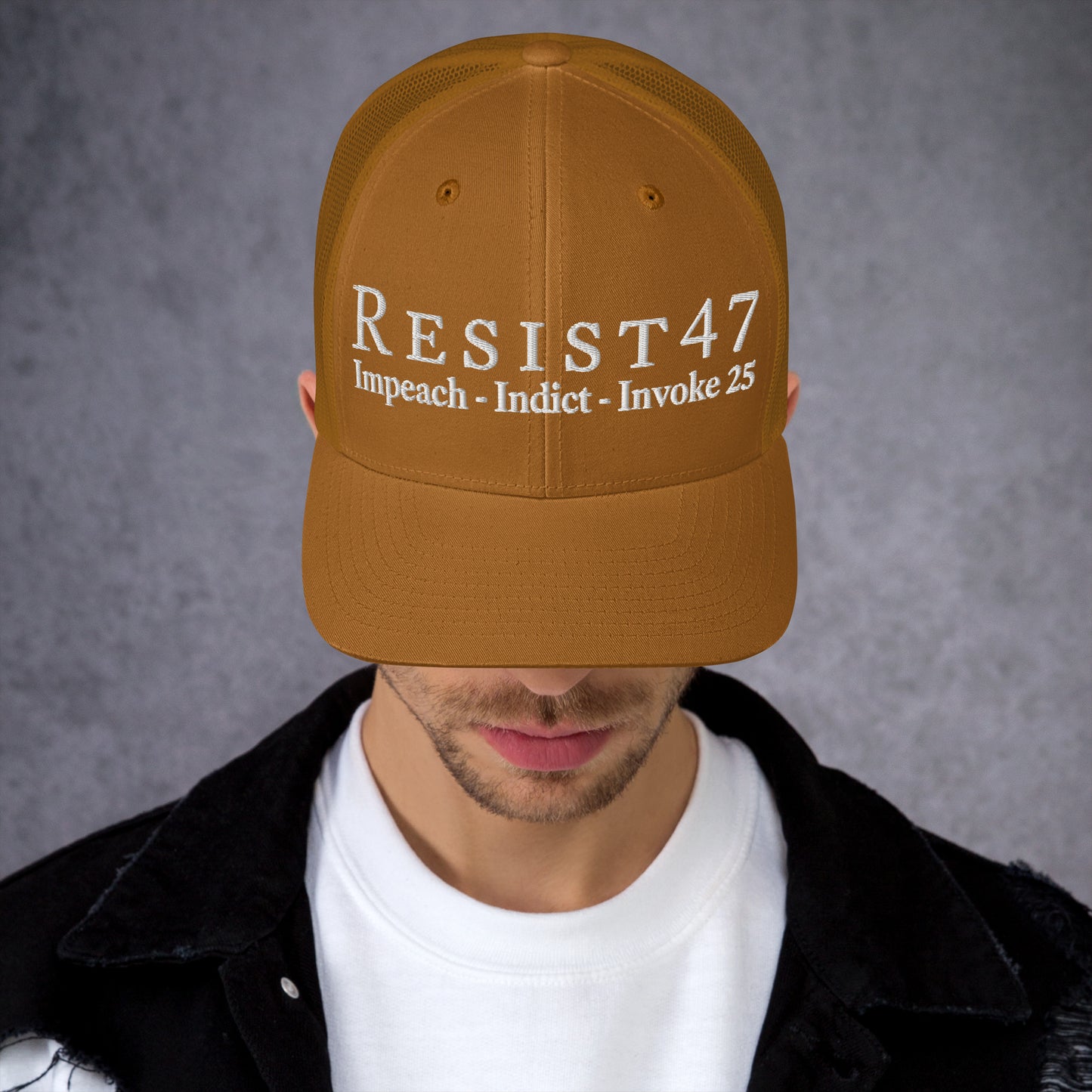cap with “Resist47 Protest” graphic, front view