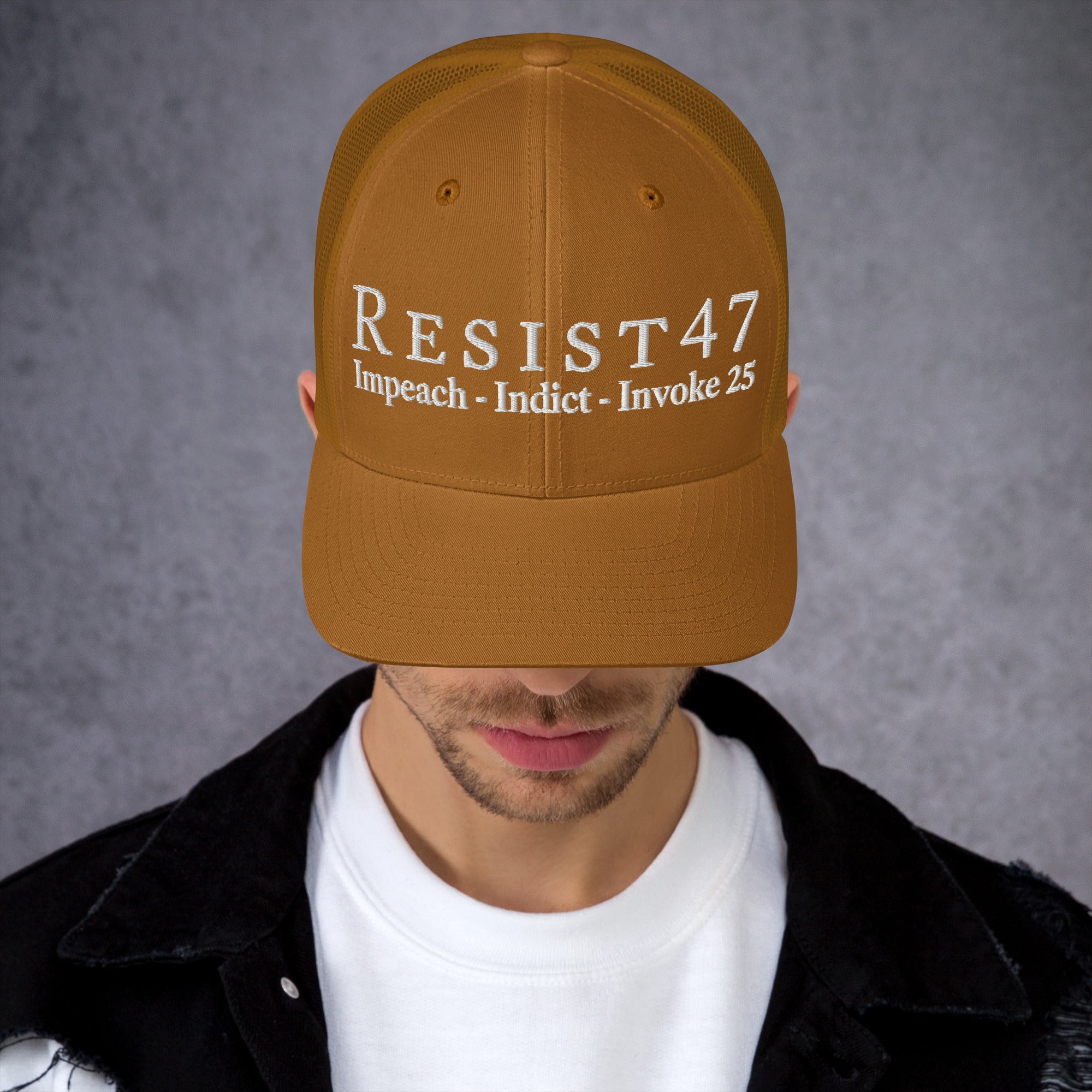 cap with “Resist47 Protest” graphic, front view