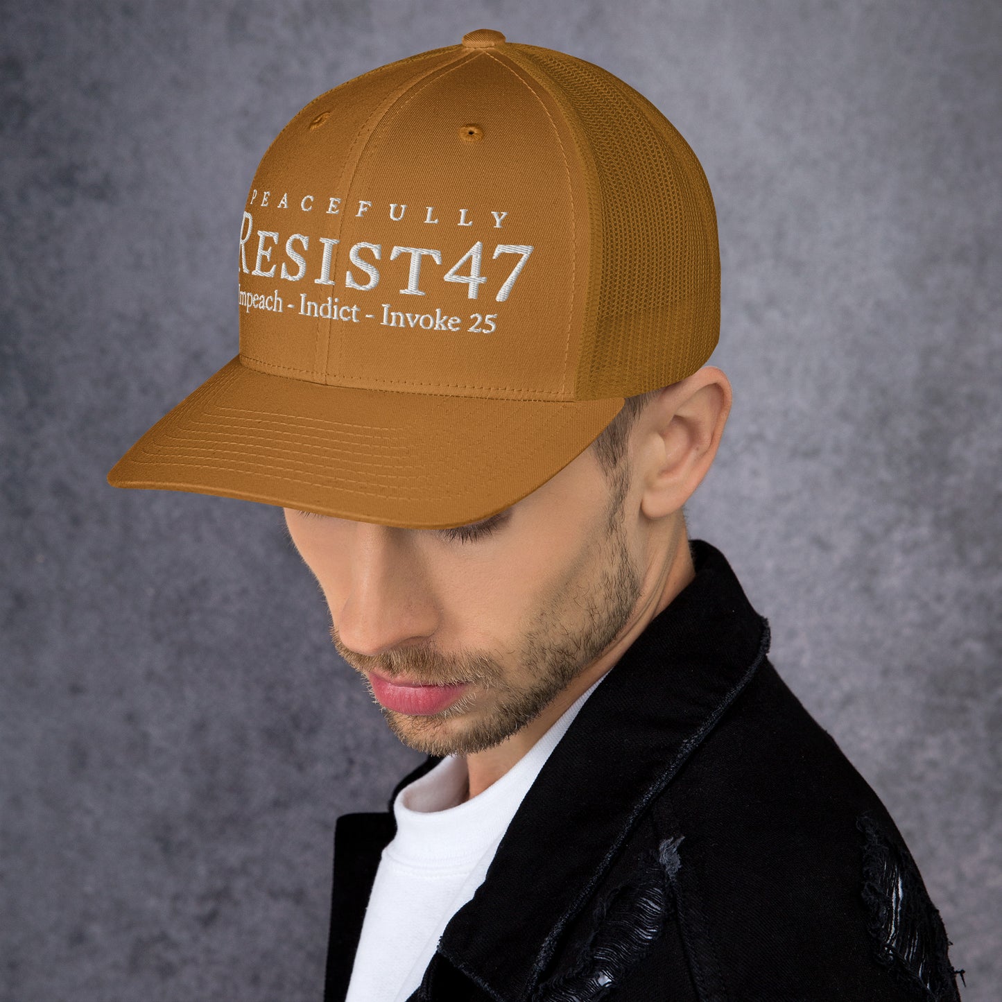 cap with “Resist47 Protest” graphic, front view