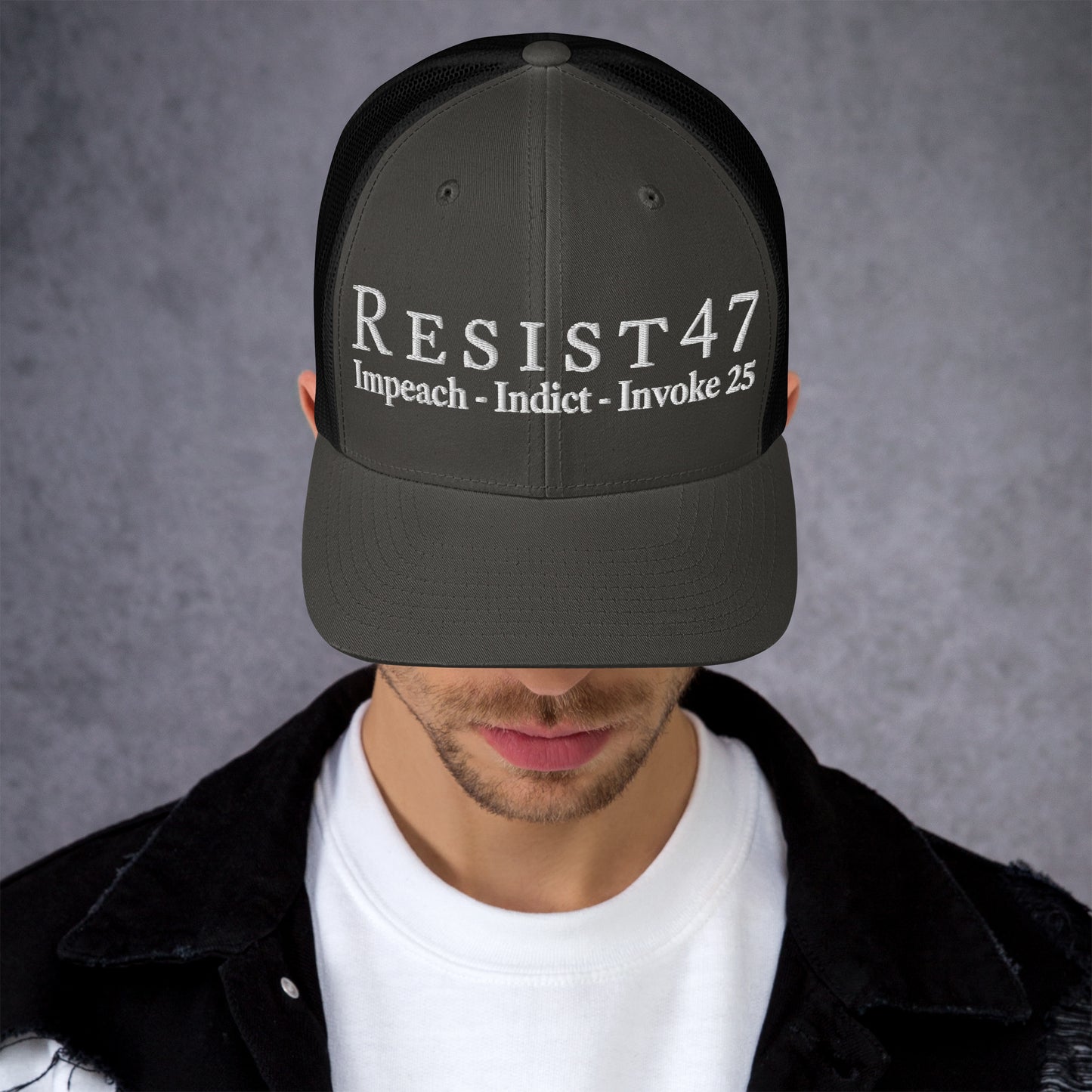 cap with “Resist47 Protest” graphic, front view