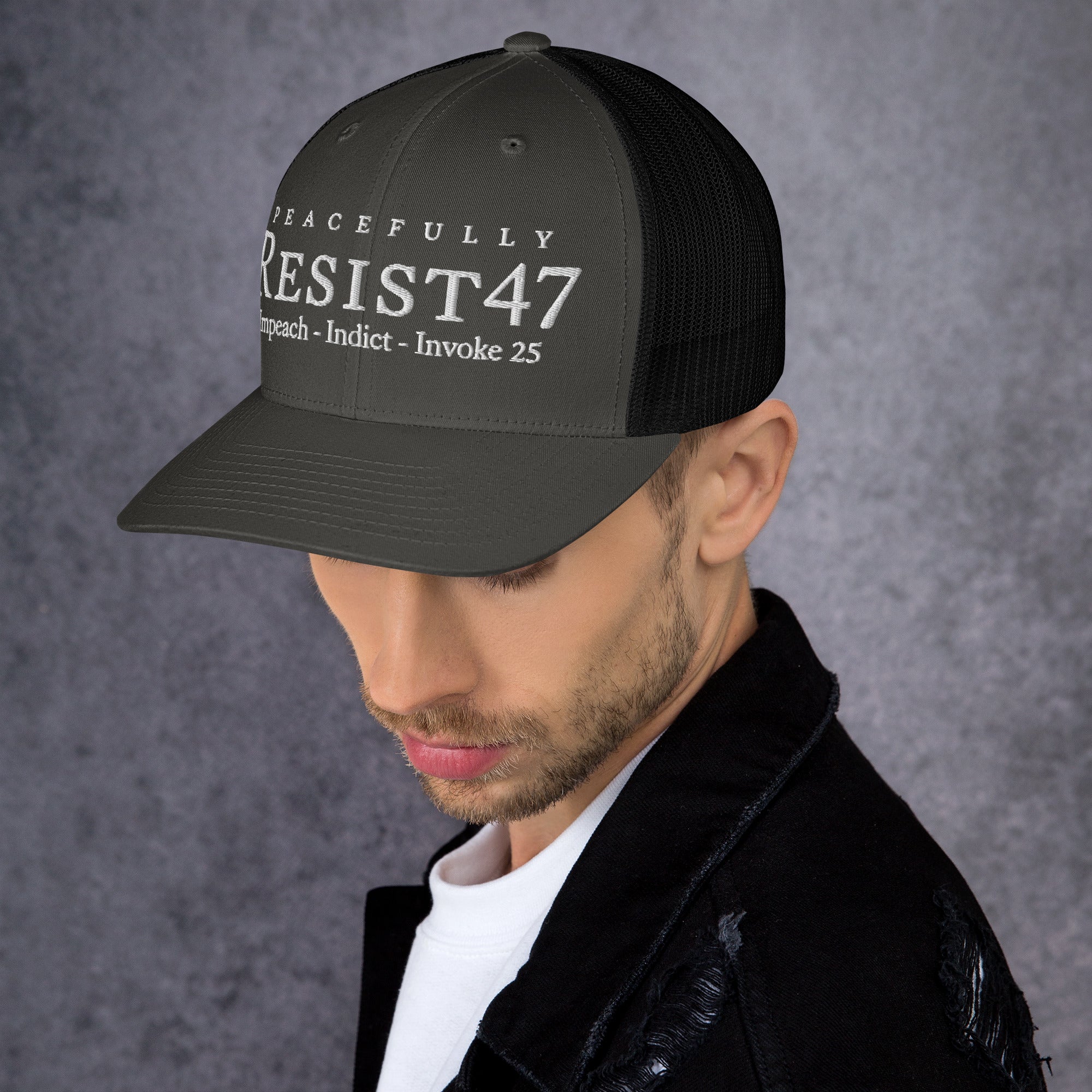 Caramel cap with “Resist47 Protest” graphic, front view