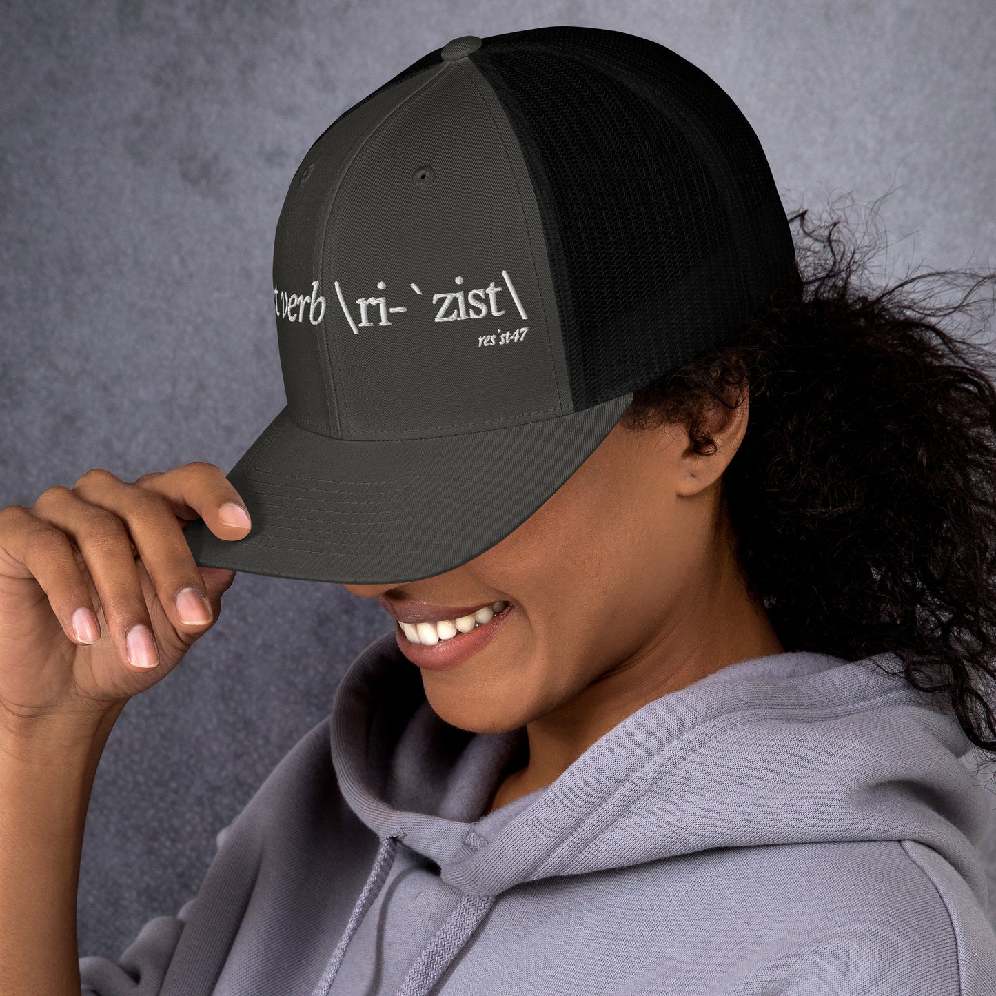 Dark Heather Gray cap with “Define Resist - Baseball” graphic, front view