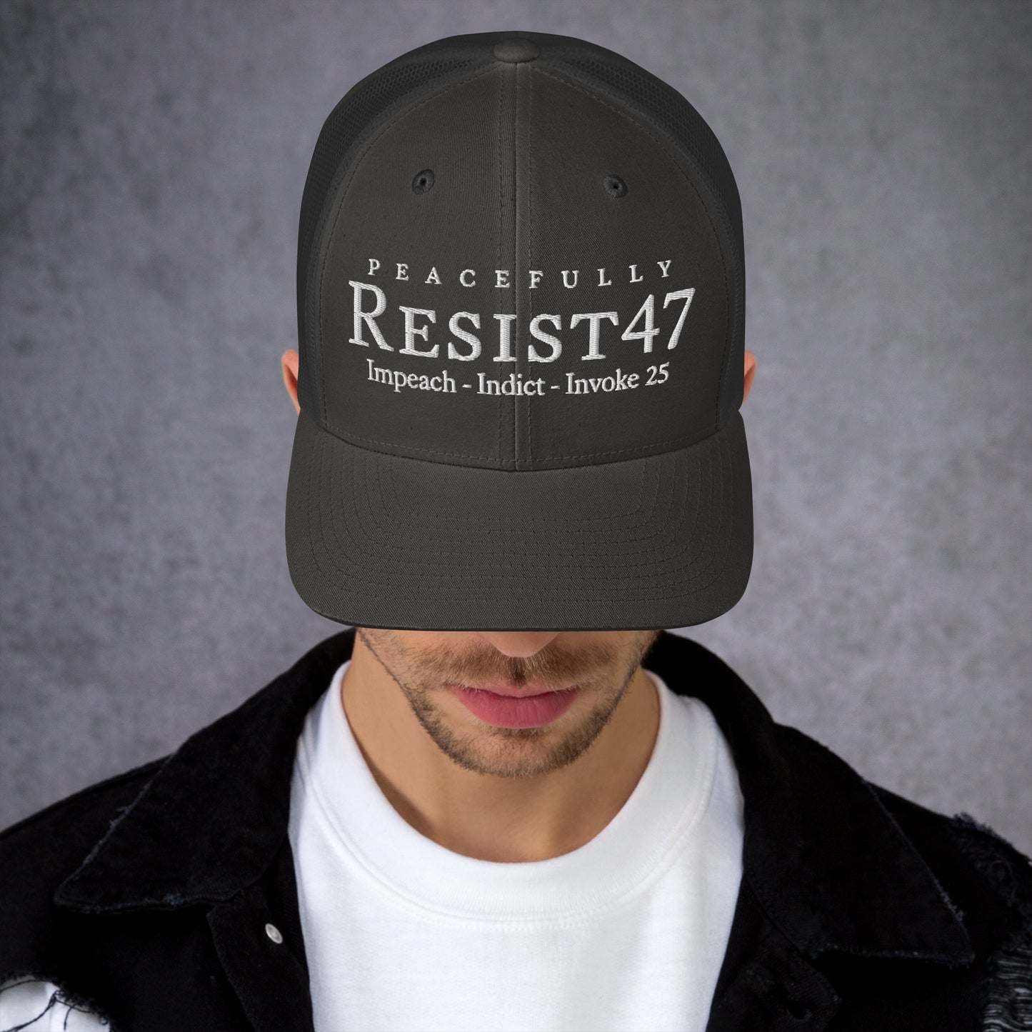 Rustic Orange/ Khaki cap with “Resist47 Protest” graphic, front view