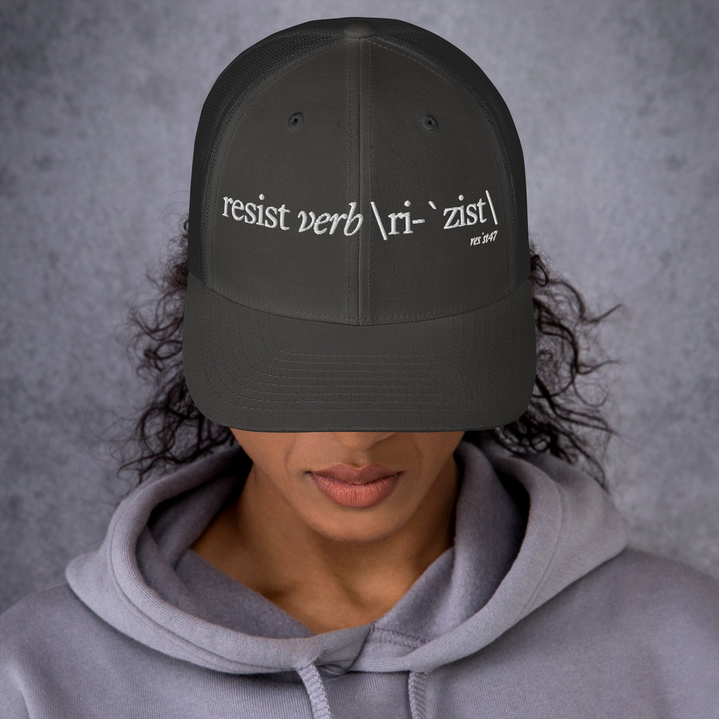 Evergreen cap with “Define Resist - Baseball” graphic, front view
