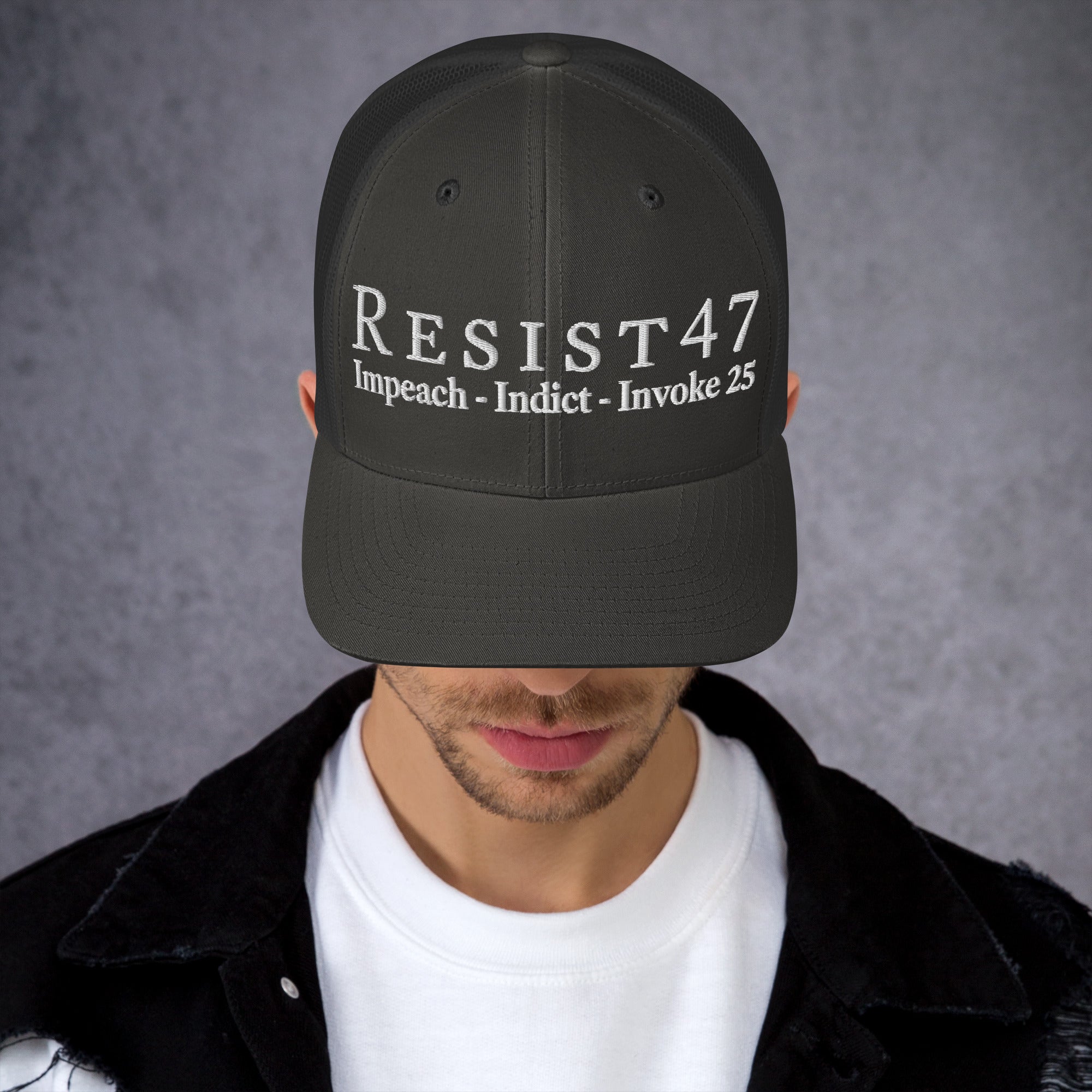cap with “Resist47 Protest” graphic, front view