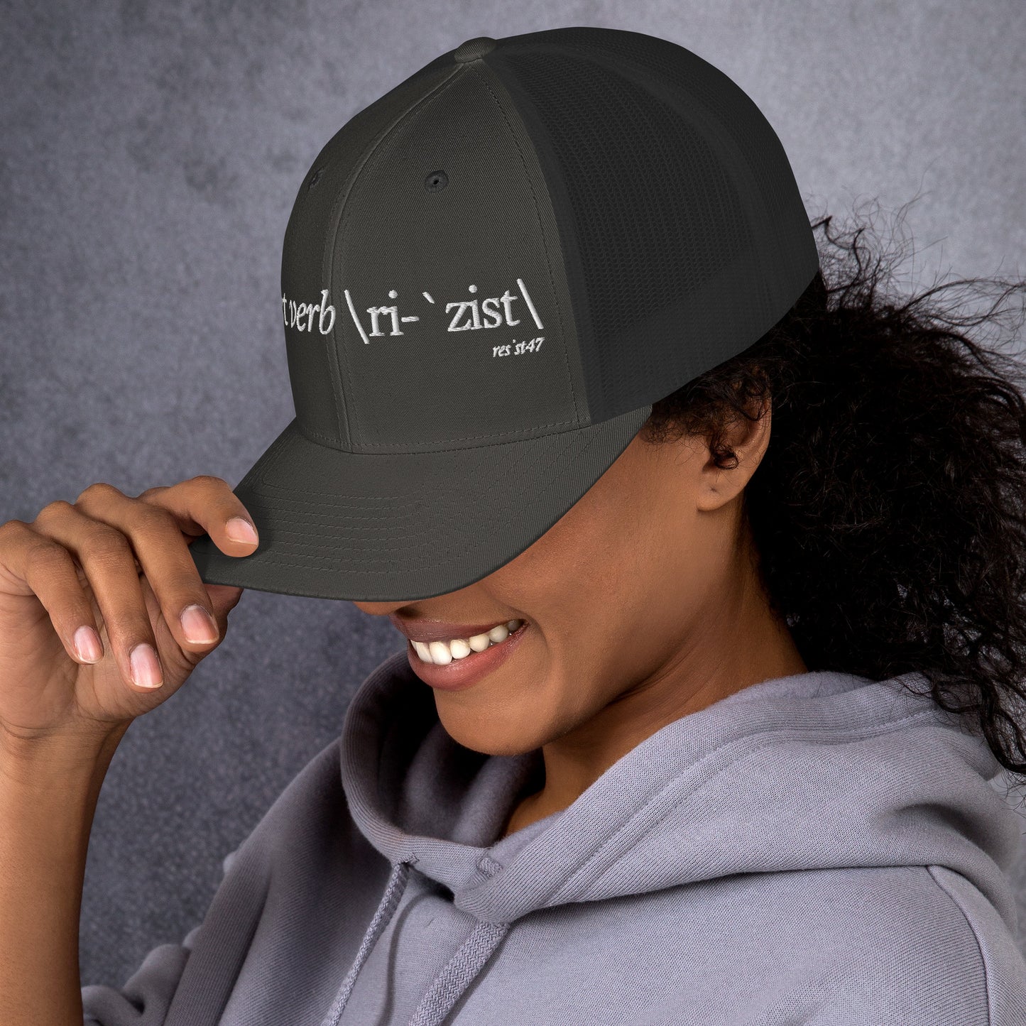 Caramel cap with “Define Resist - Baseball” graphic, front view
