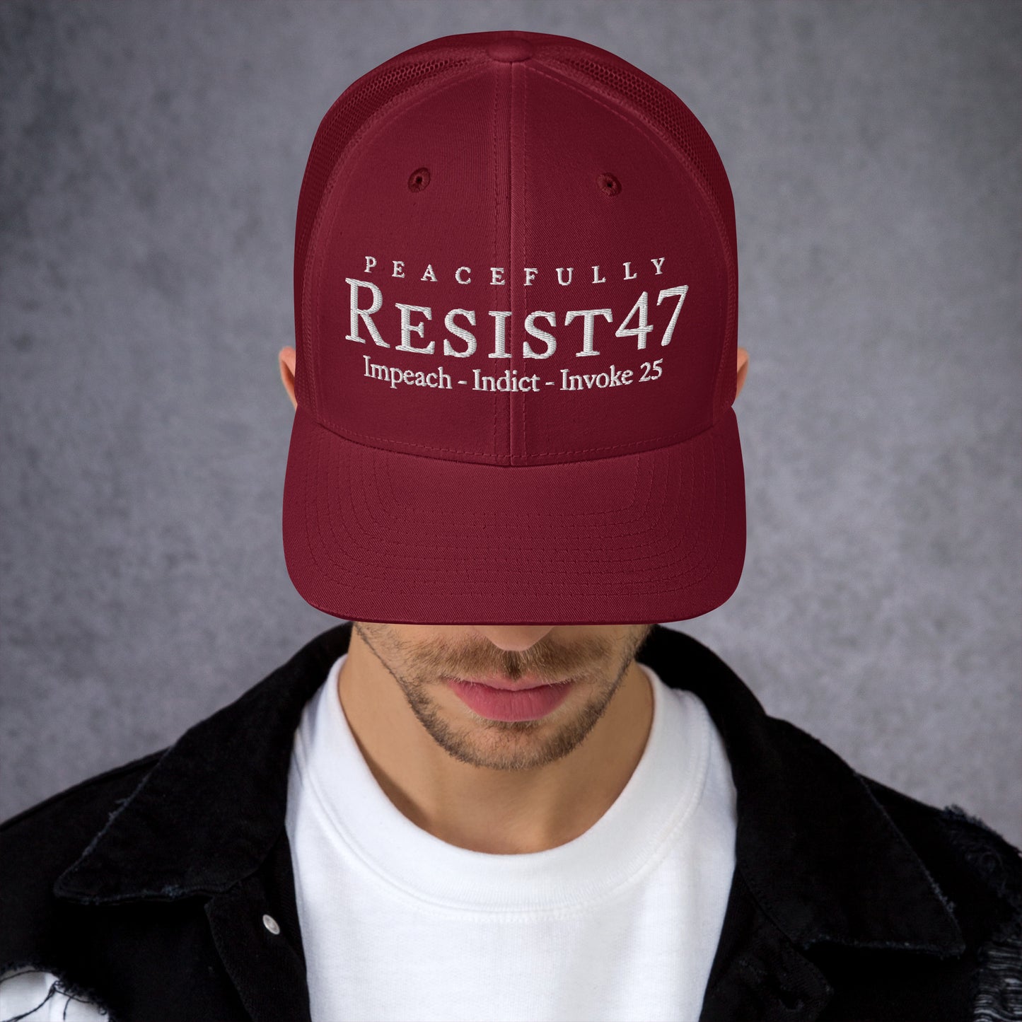 Heather/ Black cap with “Resist47 Protest” graphic, front view