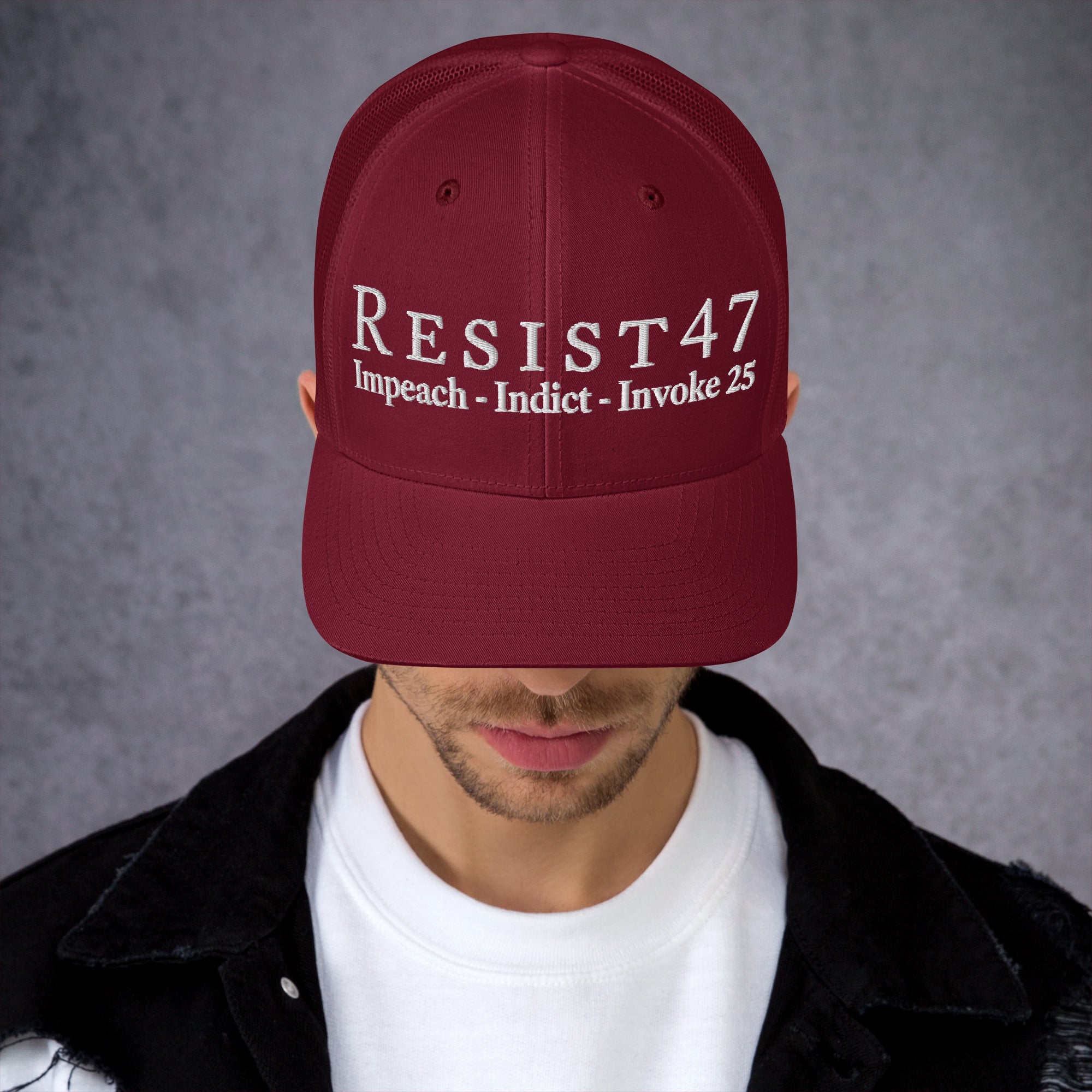 cap with “Resist47 Protest” graphic, front view