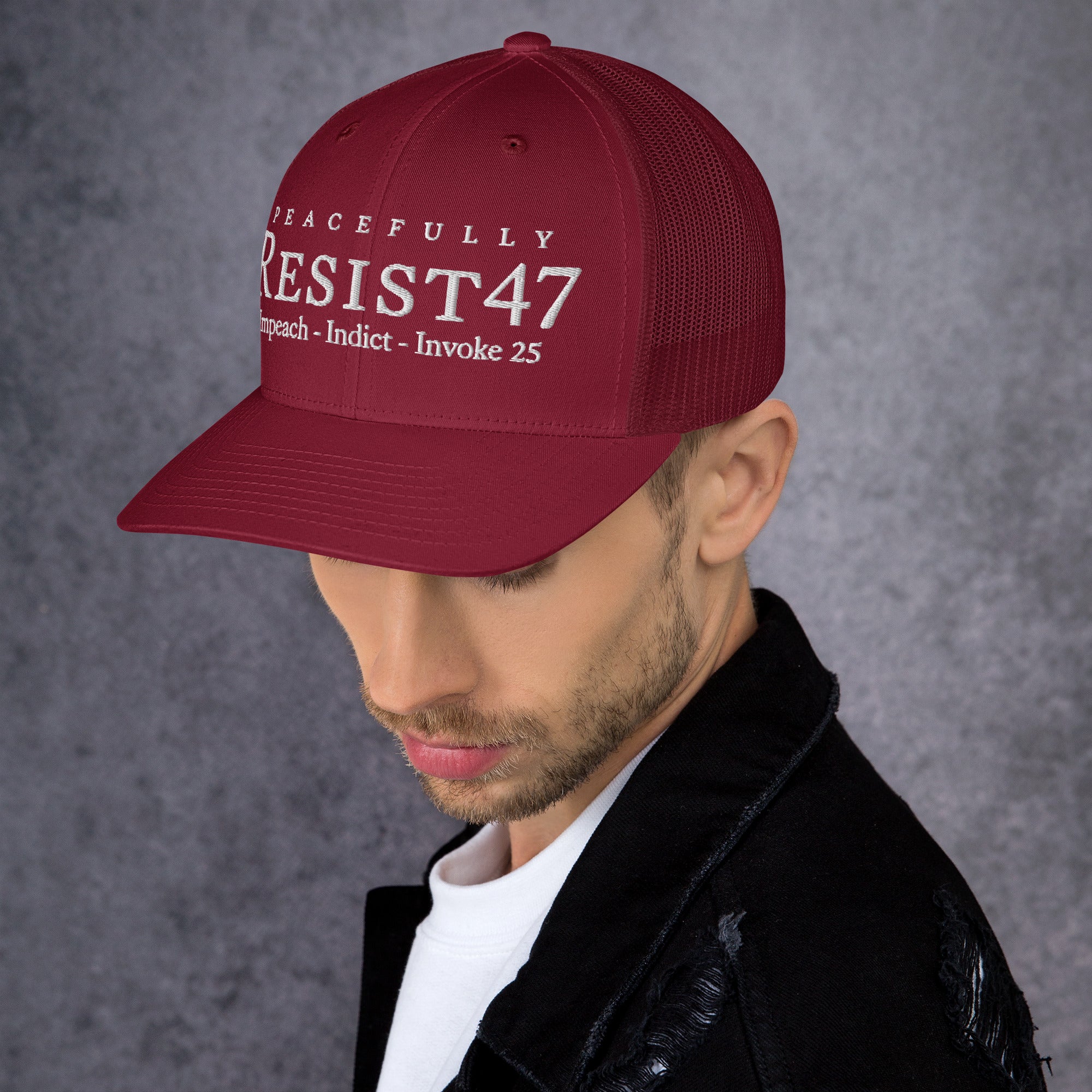 Heather Grey/White cap with “Resist47 Protest” graphic, front view
