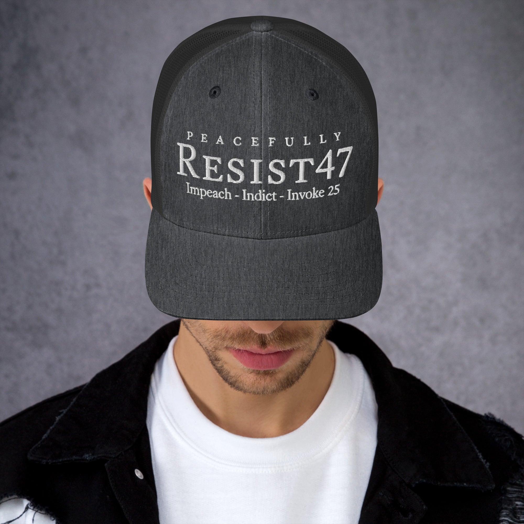 cap with “Resist47 Protest” graphic, front view