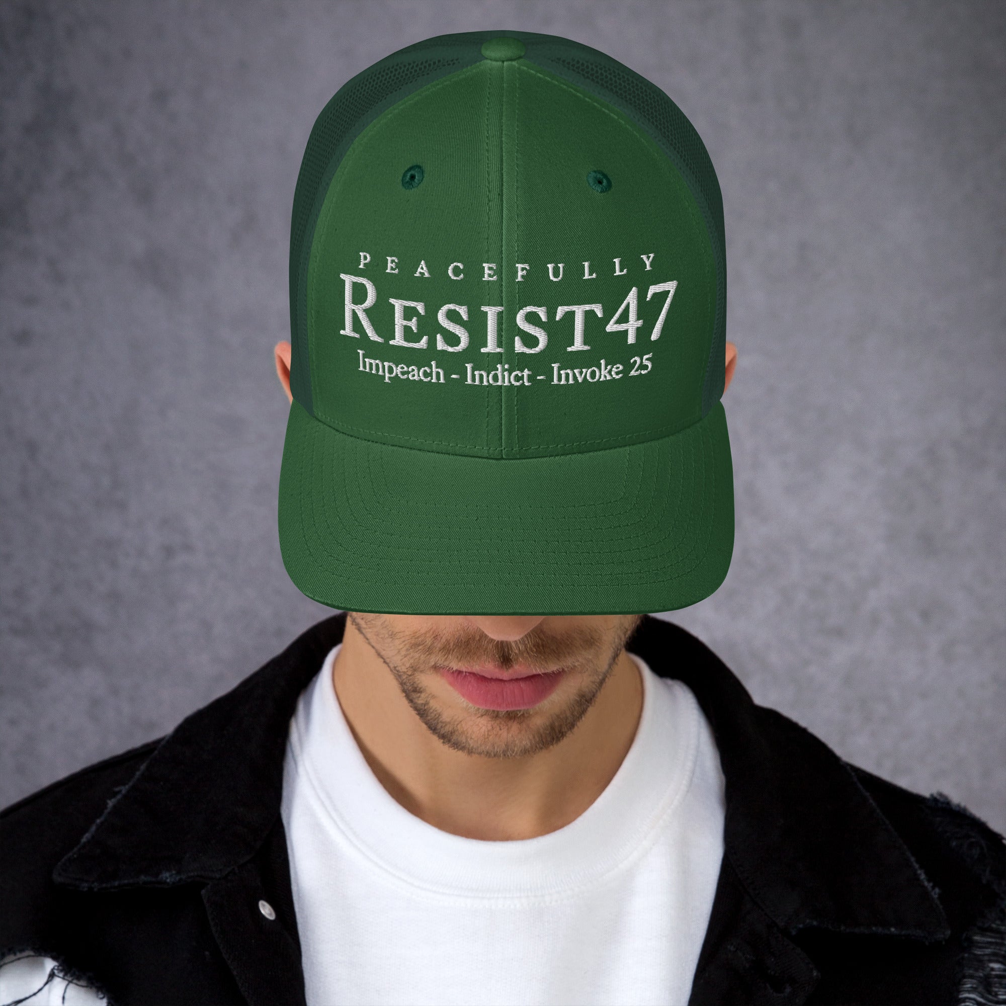 cap with “Resist47 Protest” graphic, front view